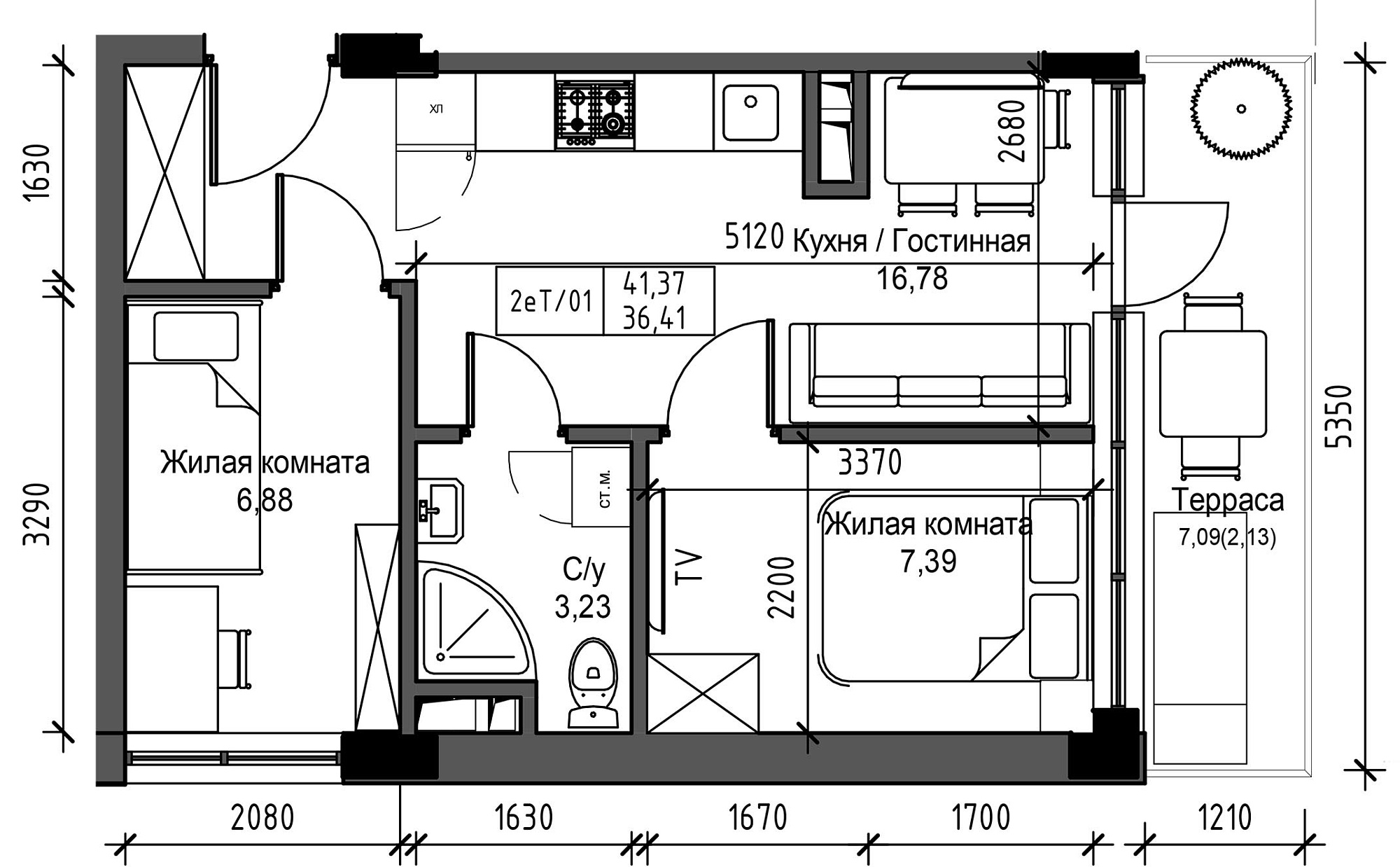 Планування 2-к квартира площею 36.41м2, UM-003-09/0096.