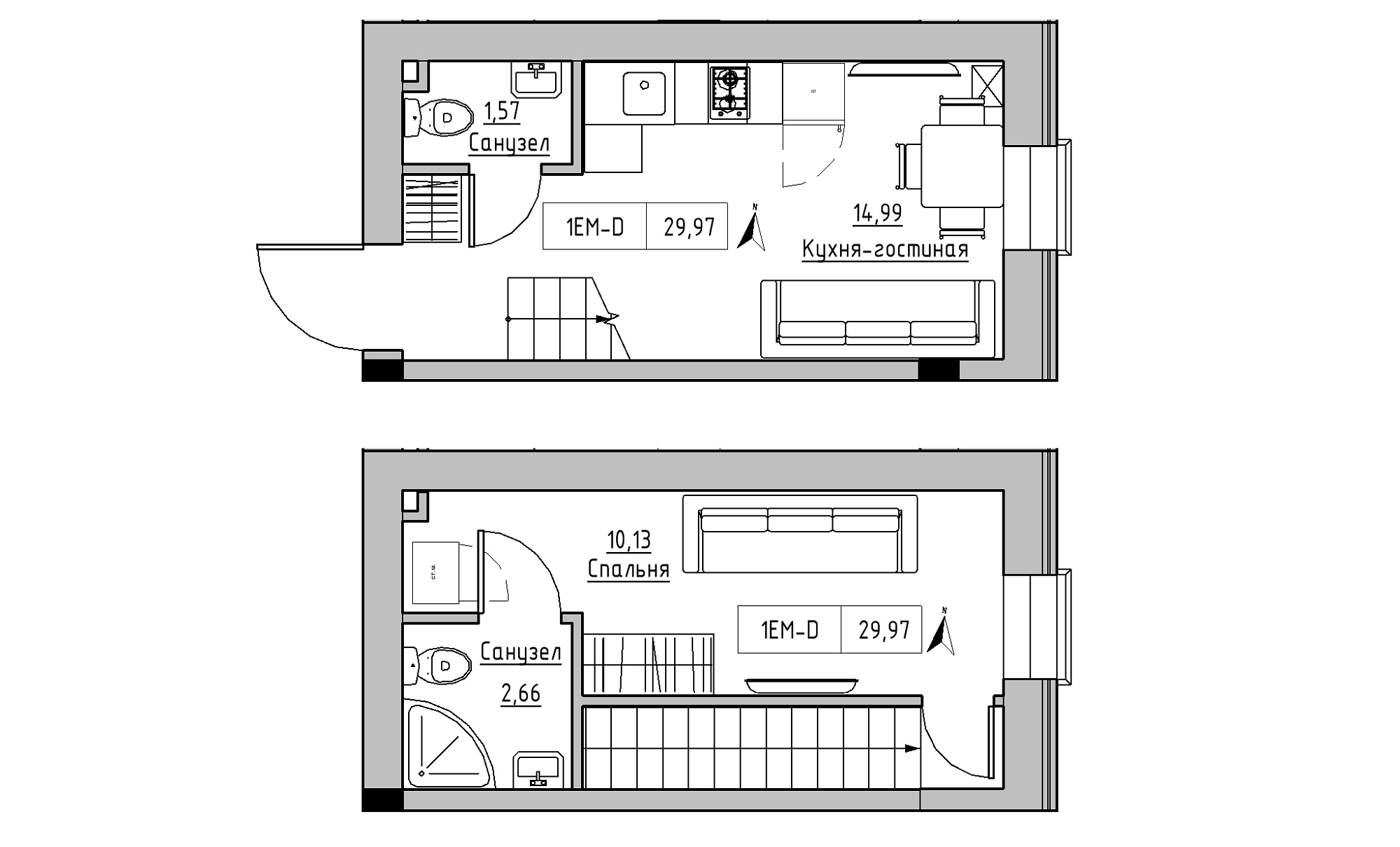 Planning 2-lvl flats area 29.97m2, KS-023-01/0005.