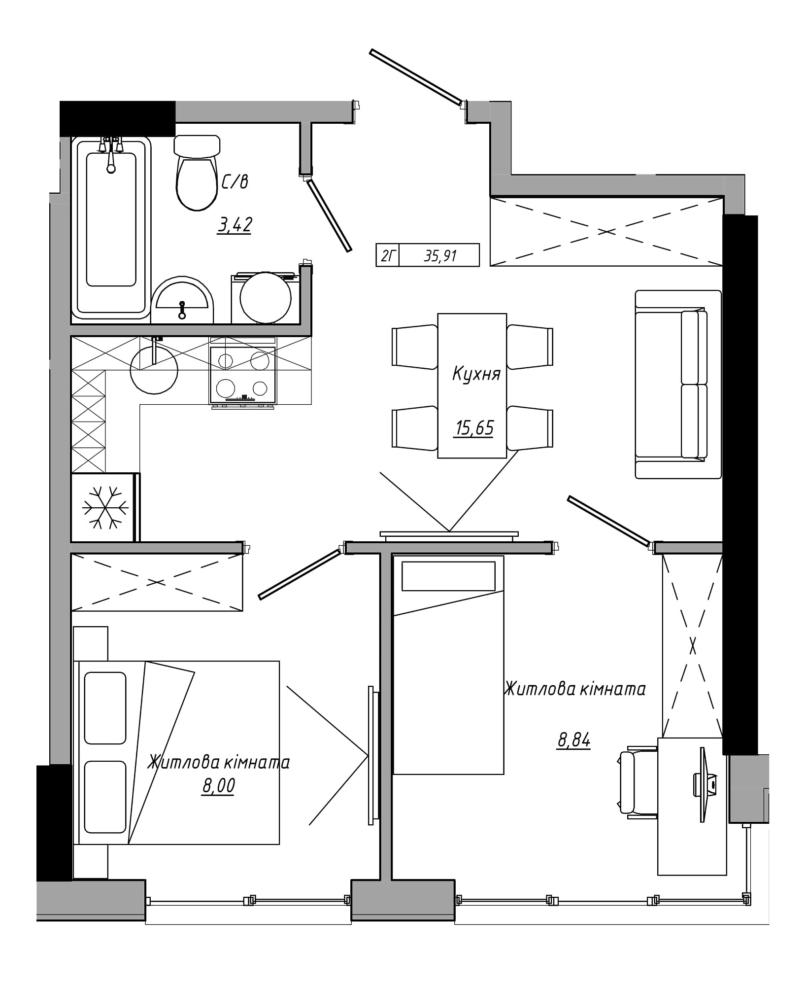 Планування 2-к квартира площею 35.91м2, AB-21-08/00019.