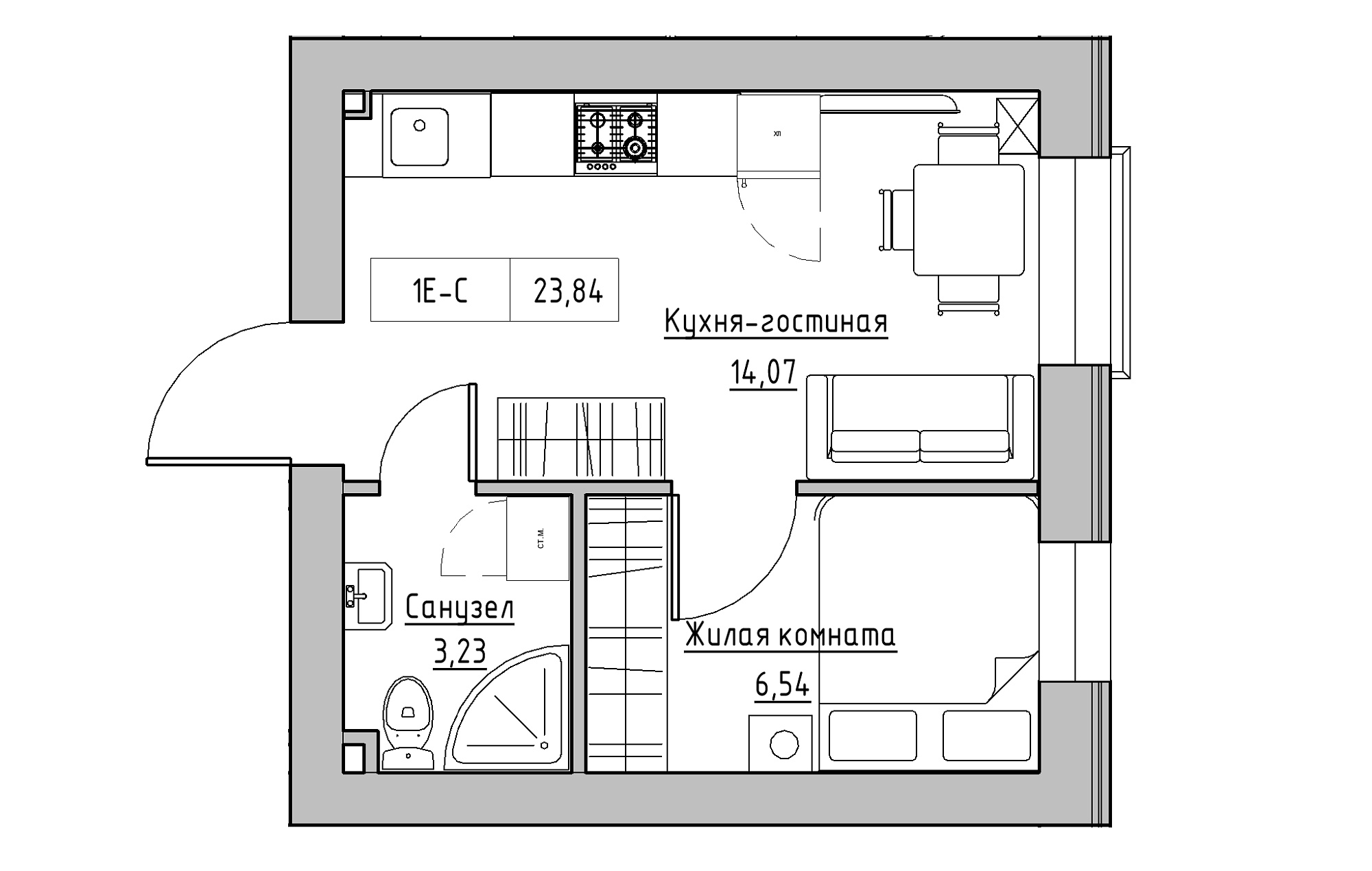 Планування 1-к квартира площею 23.84м2, KS-018-04/0011.