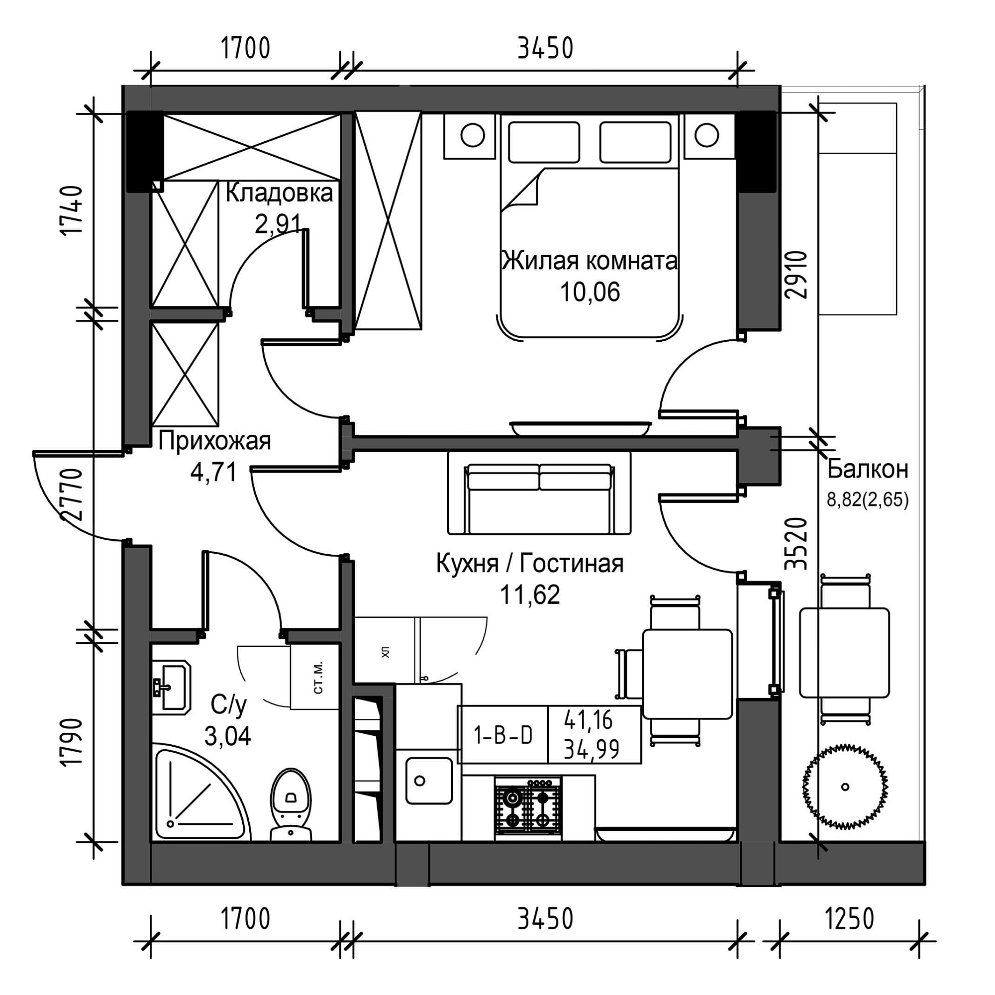 Планировка 1-к квартира площей 34.99м2, UM-001-06/0024.