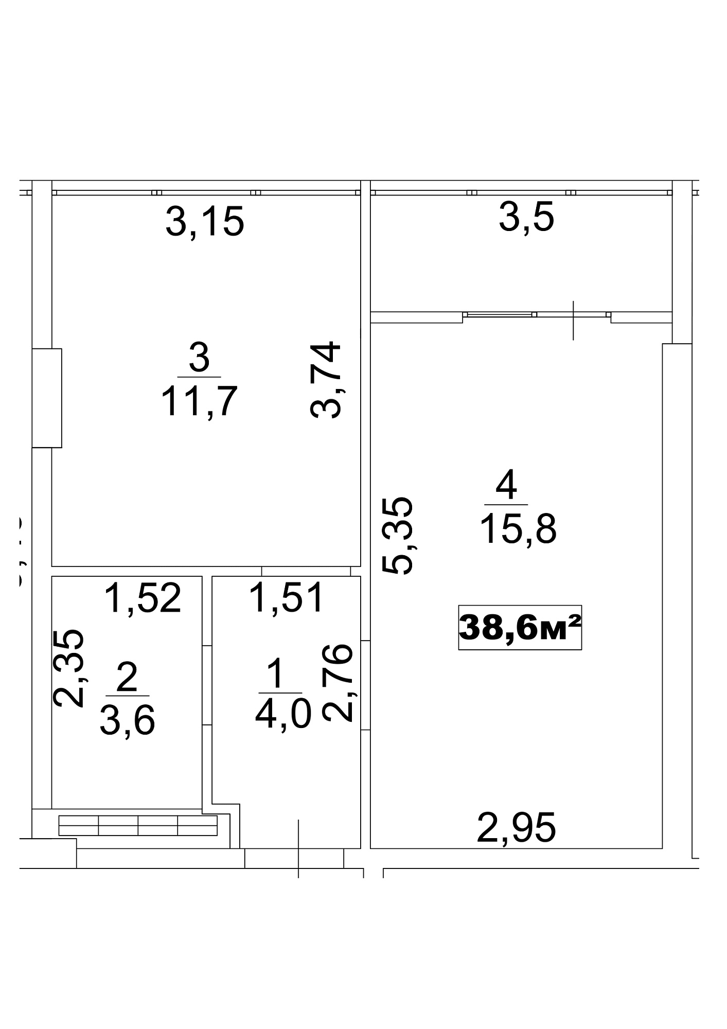 Планировка 1-к квартира площей 38.6м2, AB-13-08/0066а.