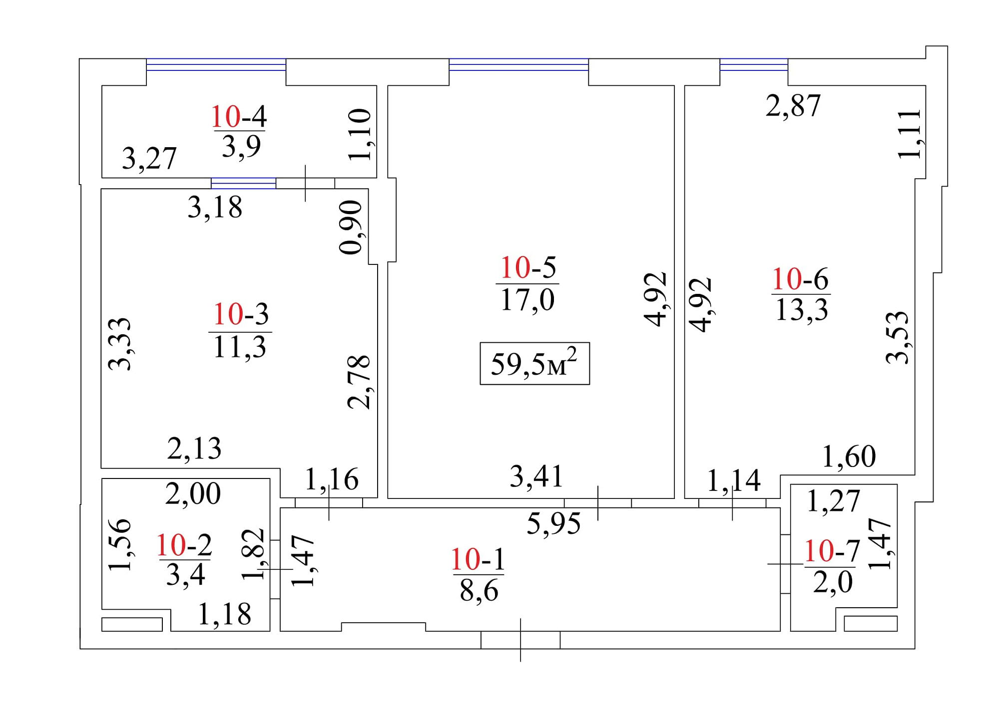 Планировка 2-к квартира площей 59.5м2, AB-01-02/00012.