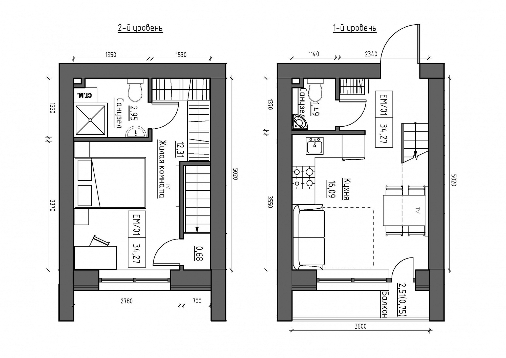 Planning 2-lvl flats area 34.27m2, KS-011-05/0007.