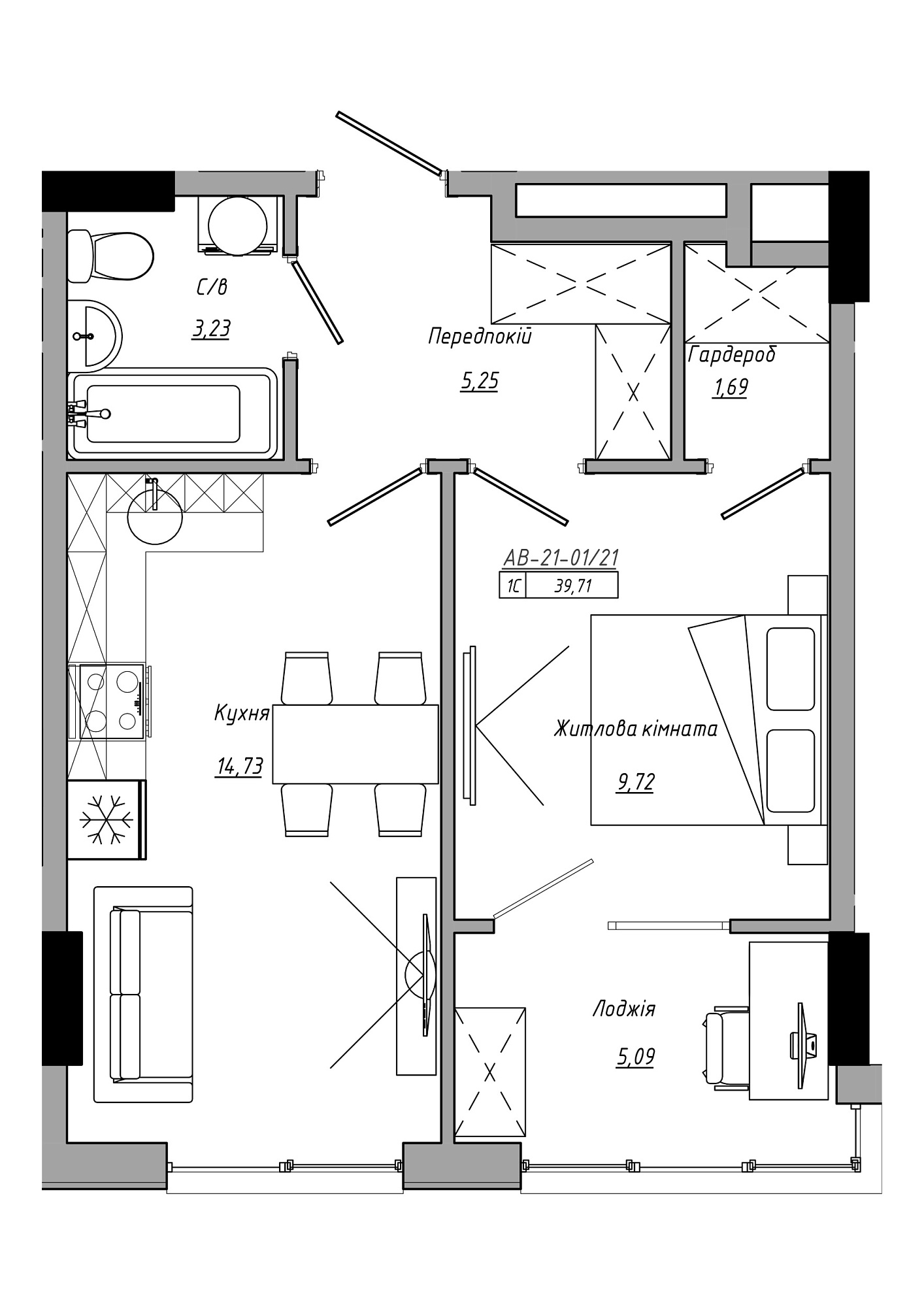 Планування 1-к квартира площею 39.71м2, AB-21-01/00021.