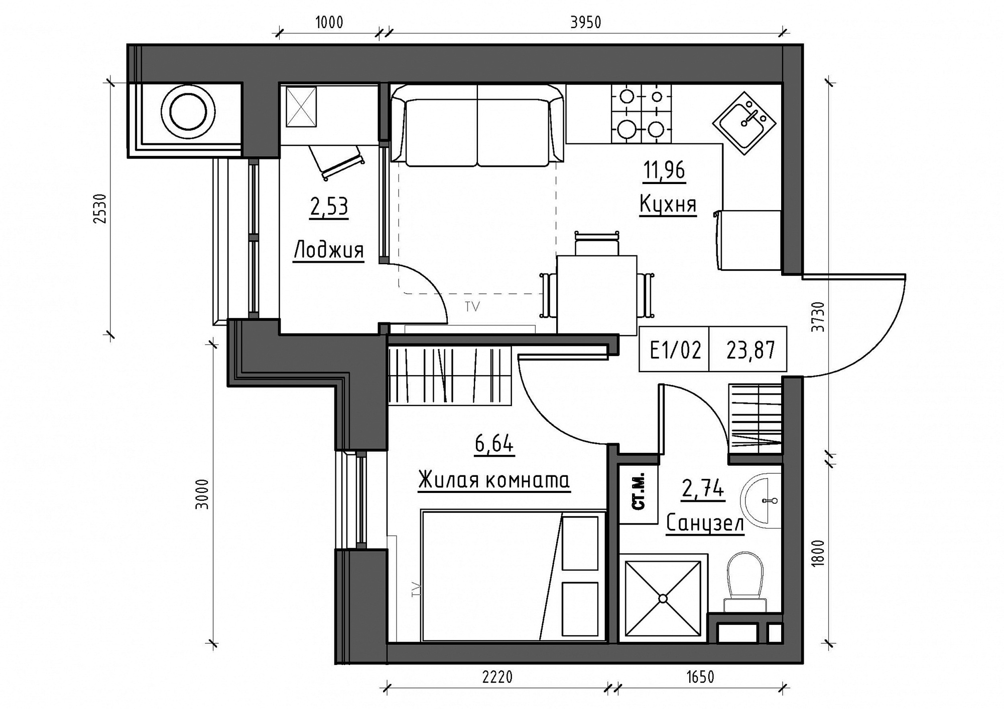 Planning 1-rm flats area 23.87m2, KS-011-03/0001.