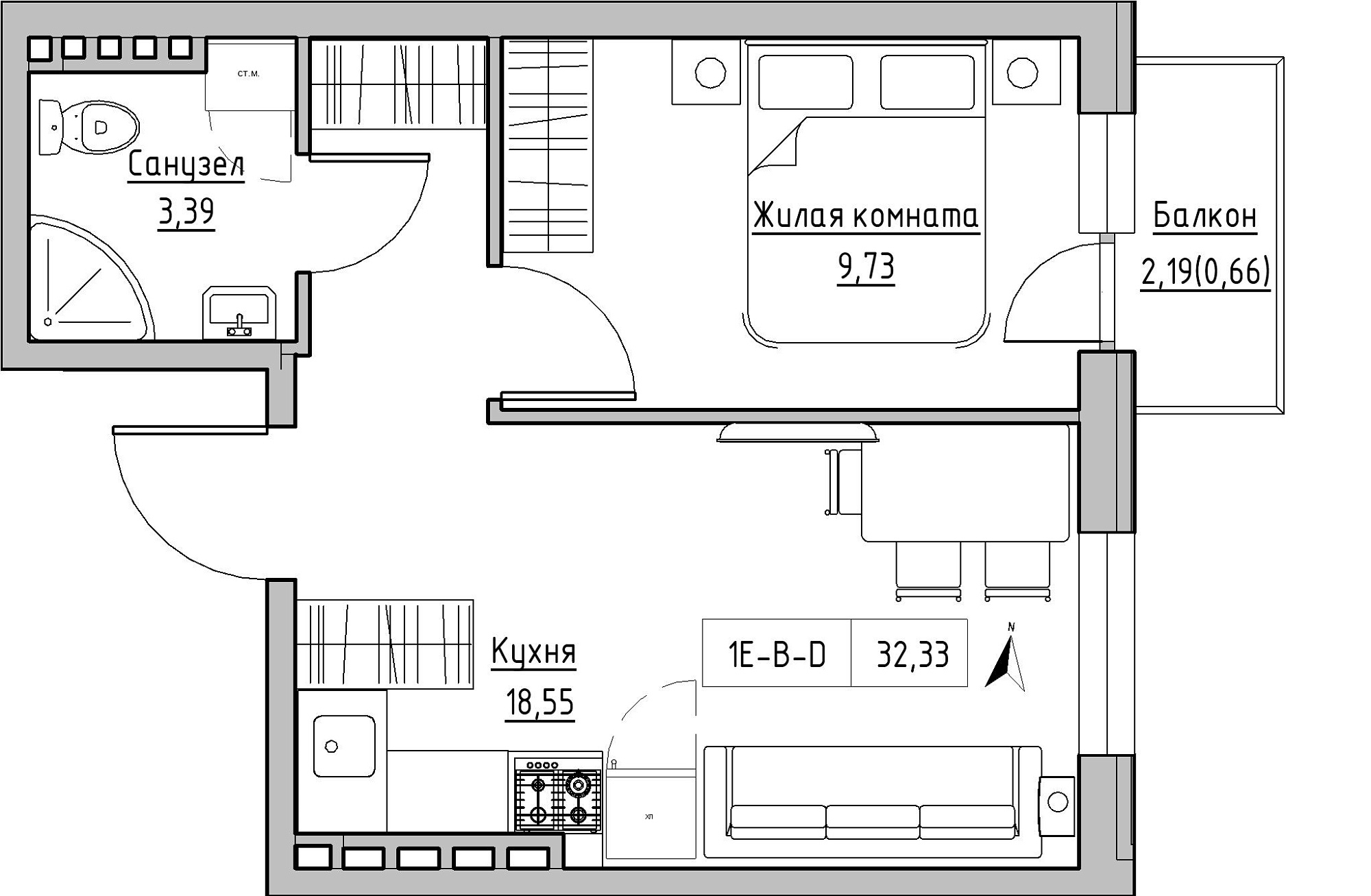 Планировка 1-к квартира площей 32.33м2, KS-024-04/0015.