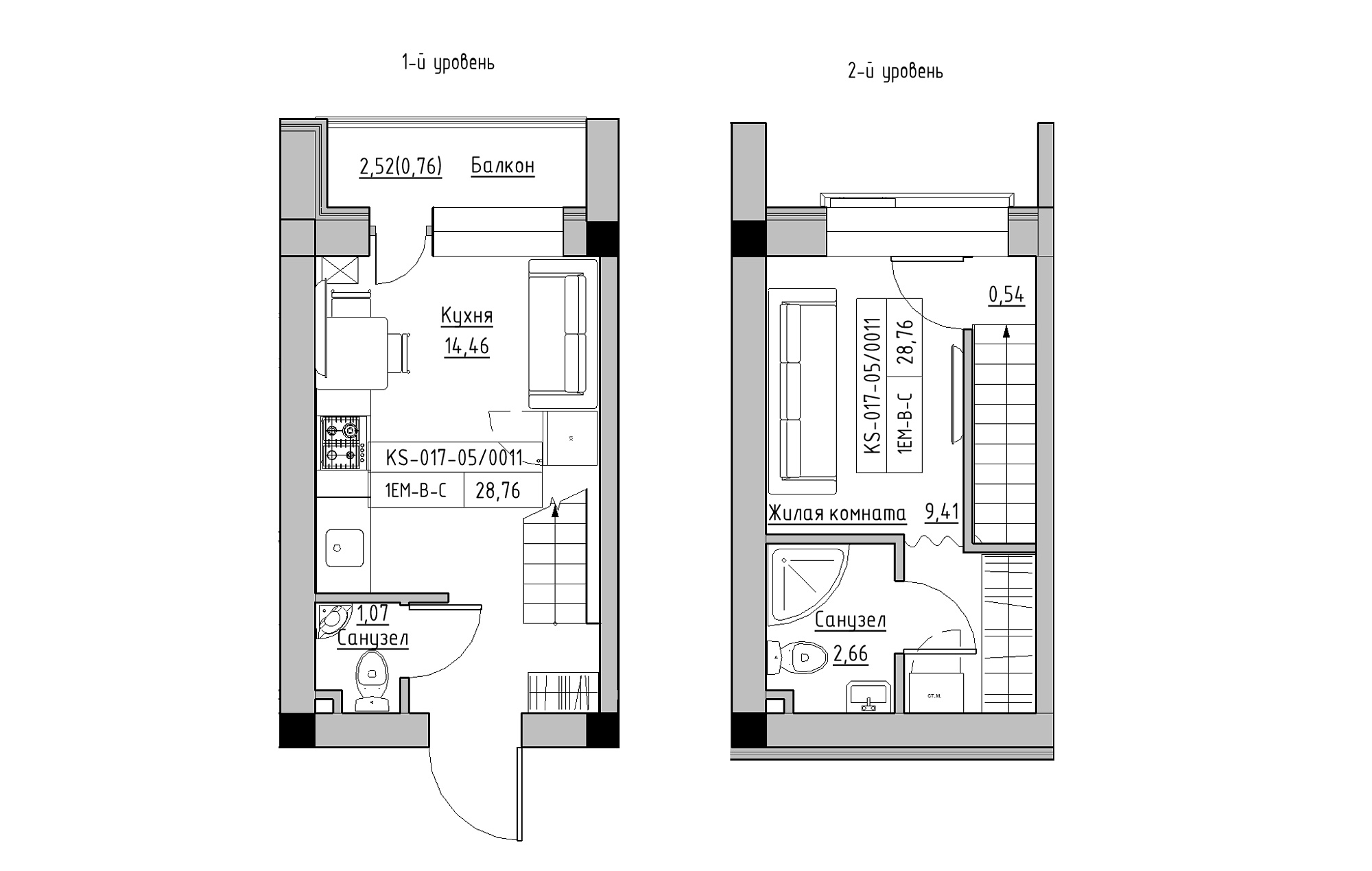 Planning 2-lvl flats area 28.76m2, KS-017-05/0011.