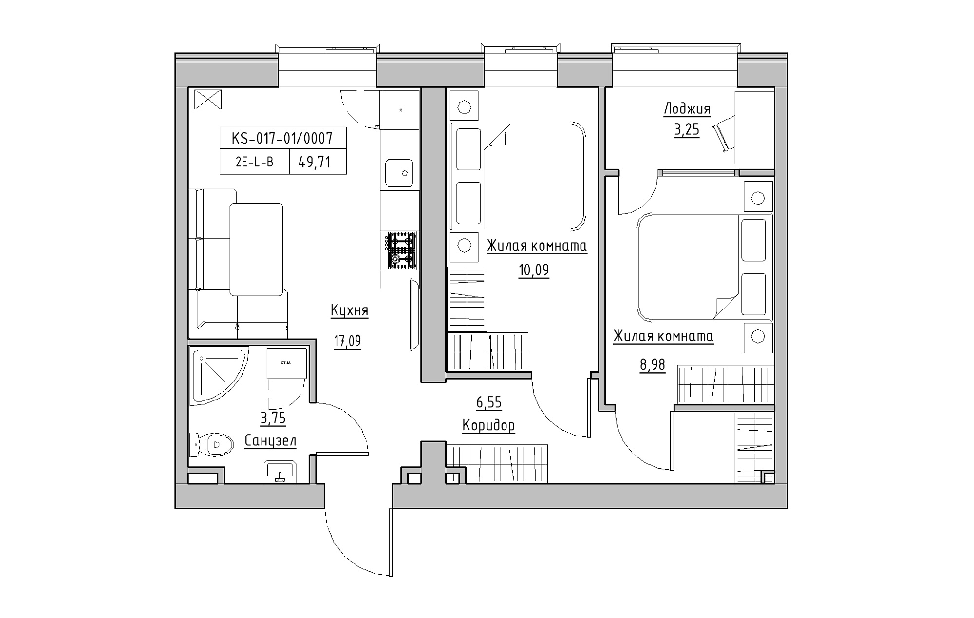 Planning 2-rm flats area 49.71m2, KS-017-01/0007.