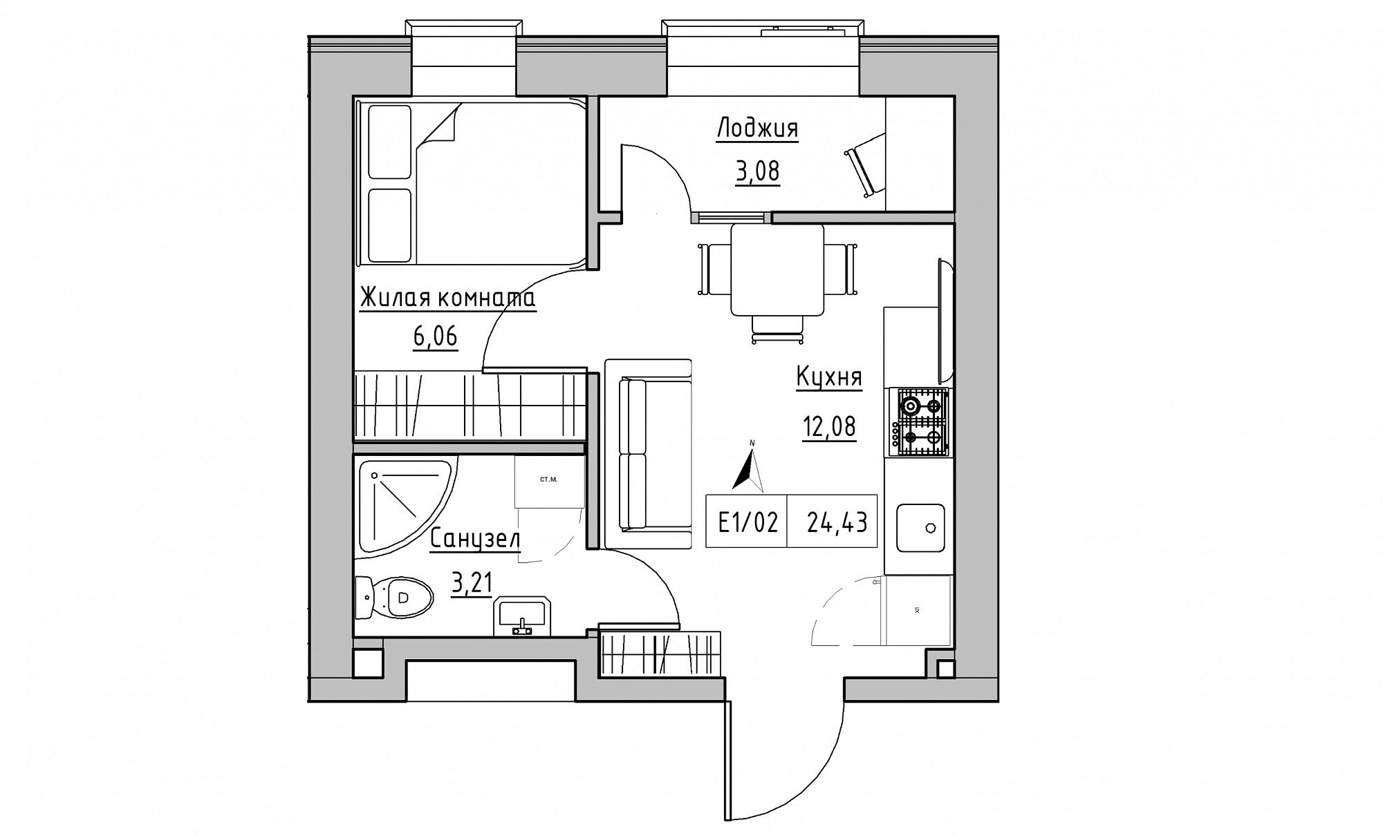 Планировка 1-к квартира площей 24.43м2, KS-015-02/0014.