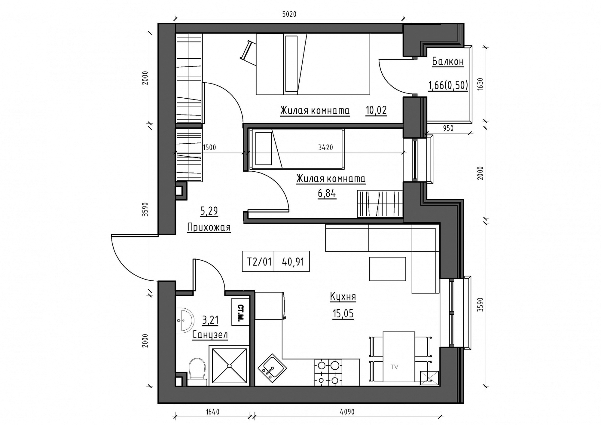 Планировка 2-к квартира площей 40.91м2, KS-011-03/0006.