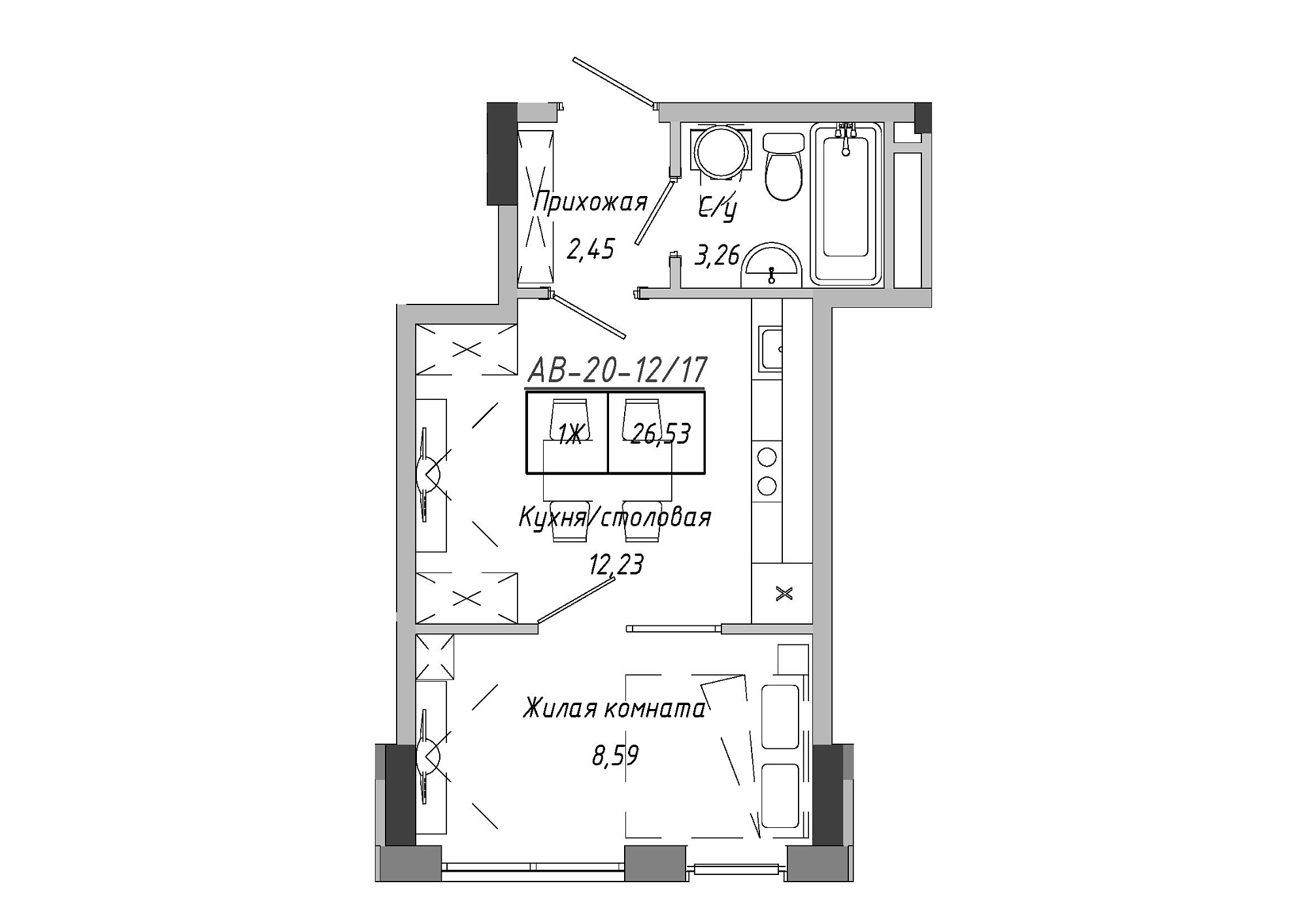 Планировка 1-к квартира площей 26.98м2, AB-20-12/00017.