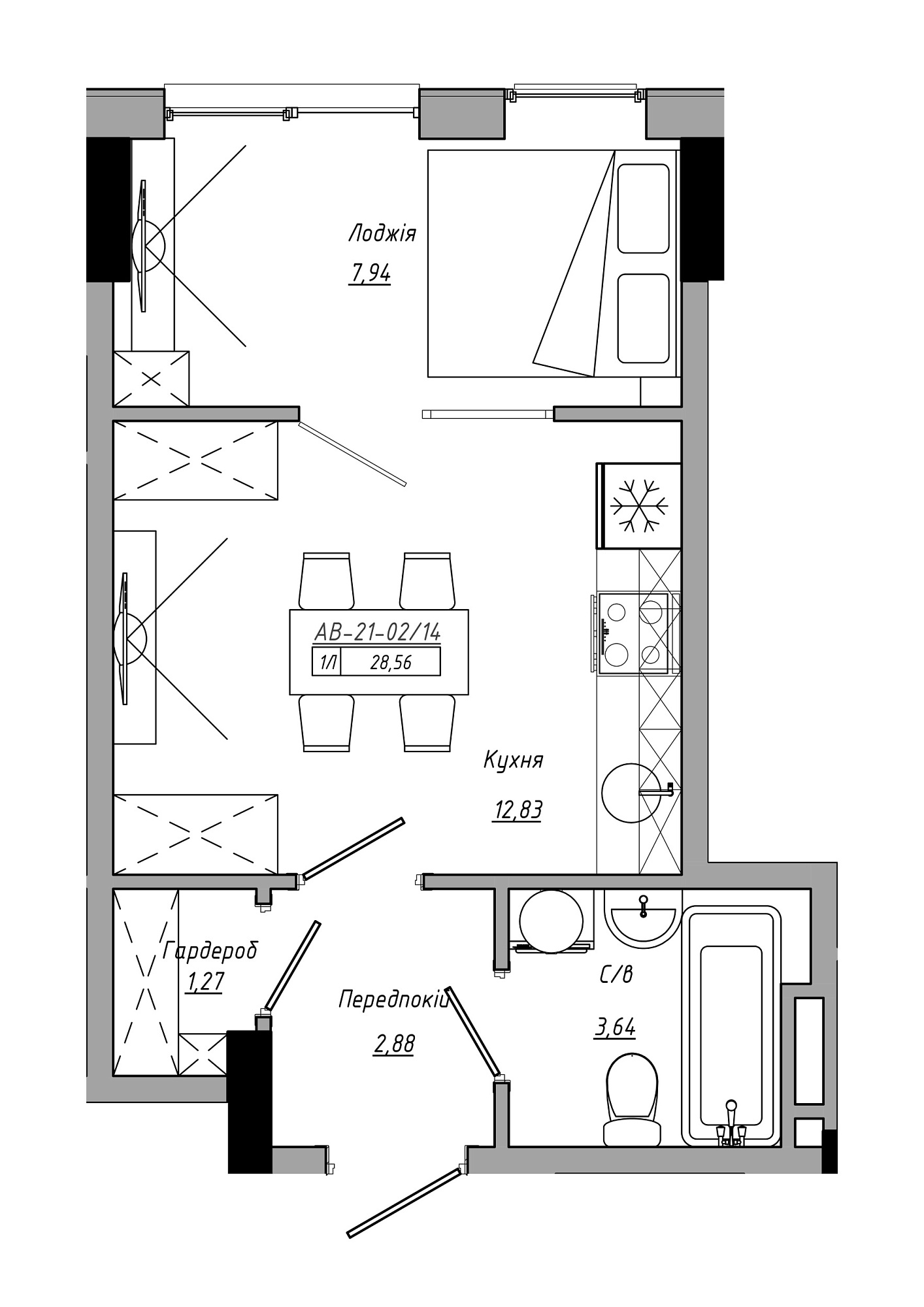 Планировка 1-к квартира площей 28.56м2, AB-21-02/00014.