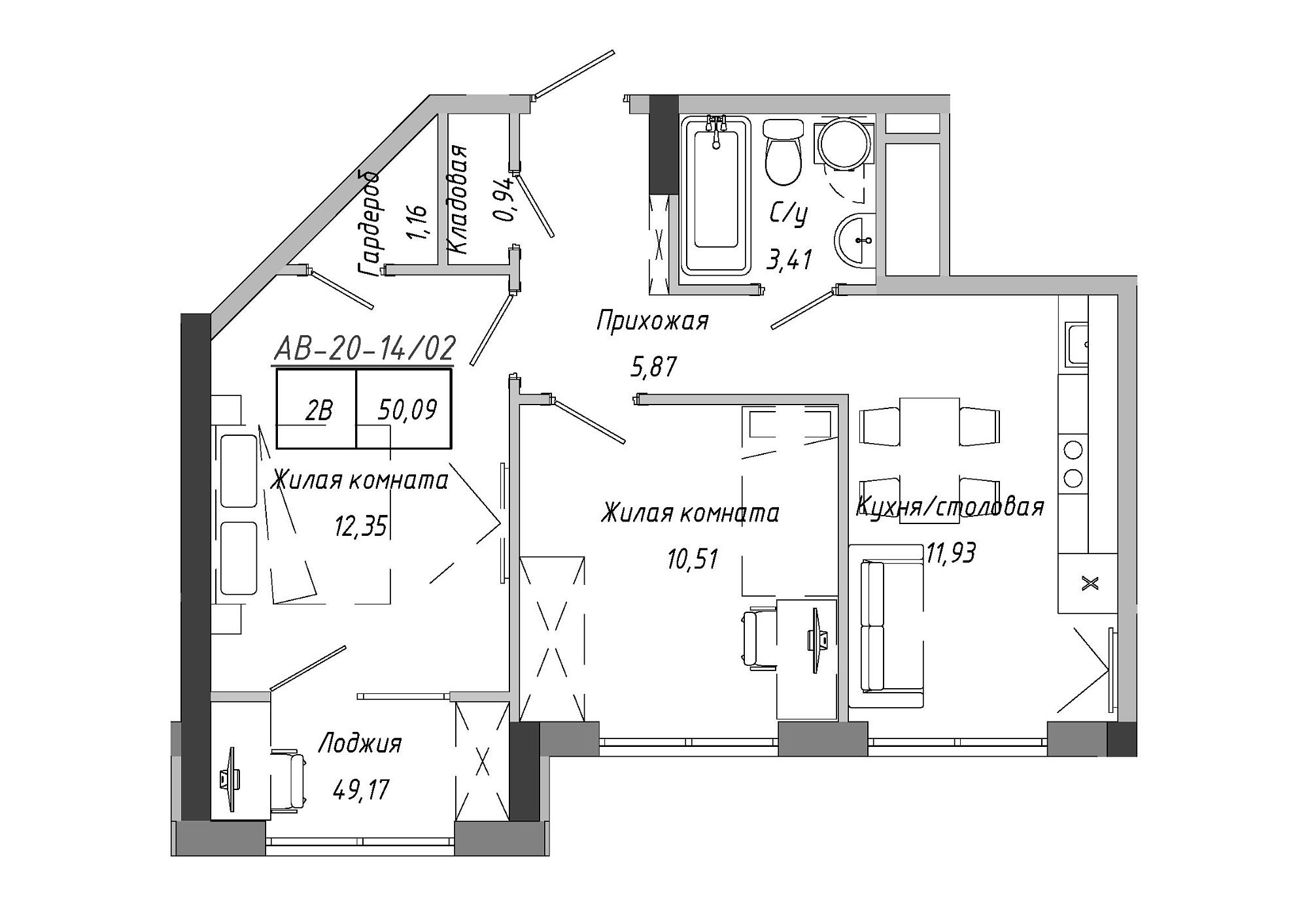 Планировка 2-к квартира площей 50.09м2, AB-20-14/00102.