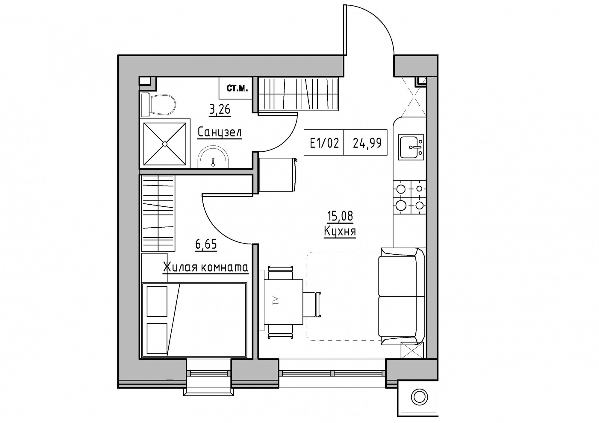Планировка 1-к квартира площей 24.99м2, KS-011-03/0012.