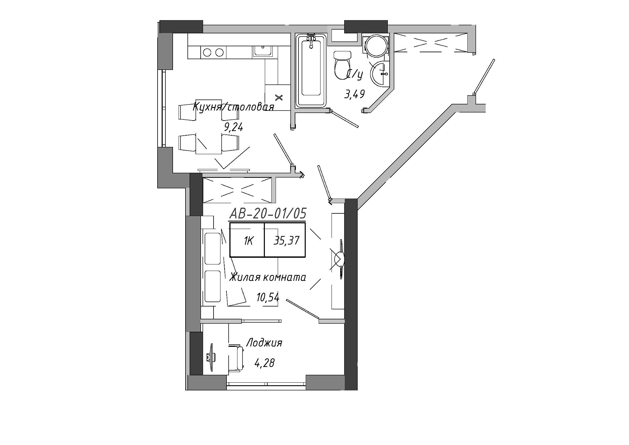 Планування 1-к квартира площею 35.37м2, AB-20-01/00005.