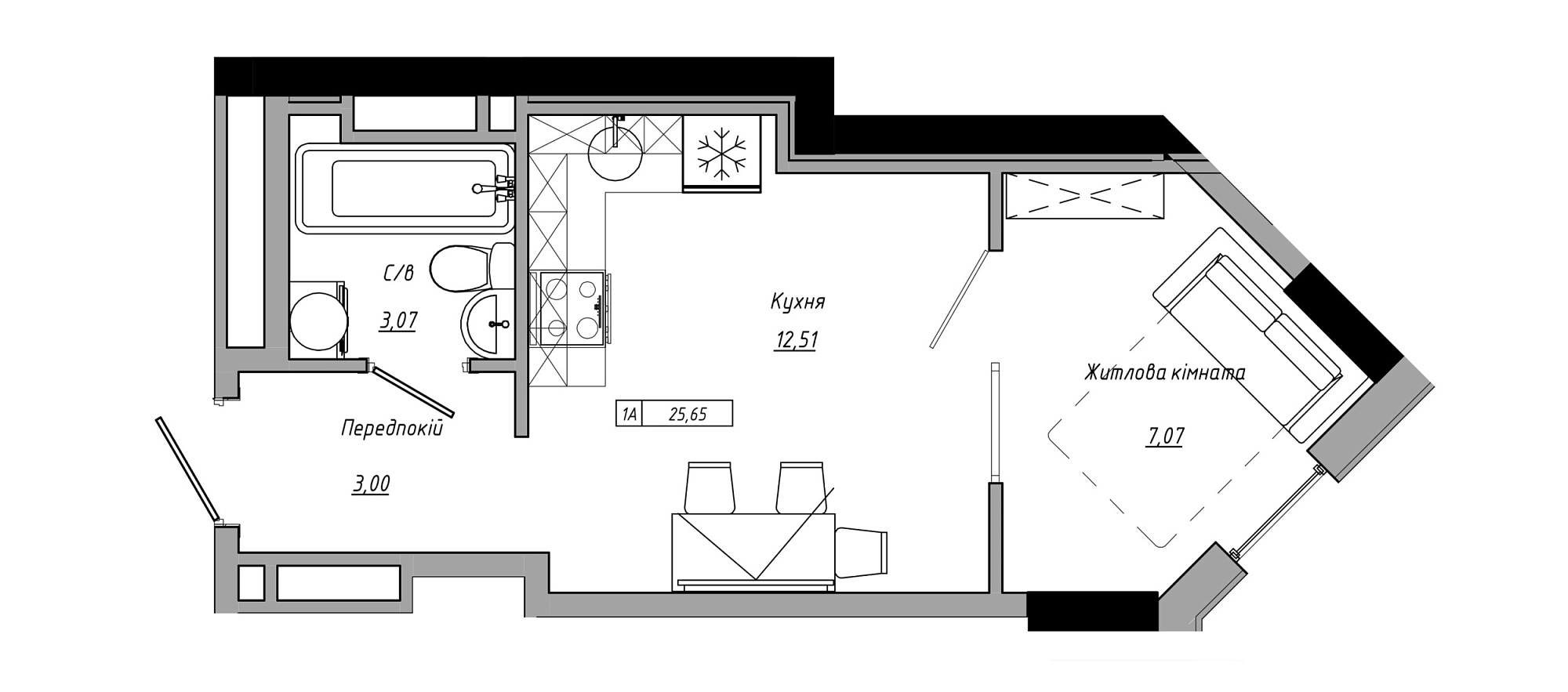 Планировка 1-к квартира площей 25.65м2, AB-21-06/00001.