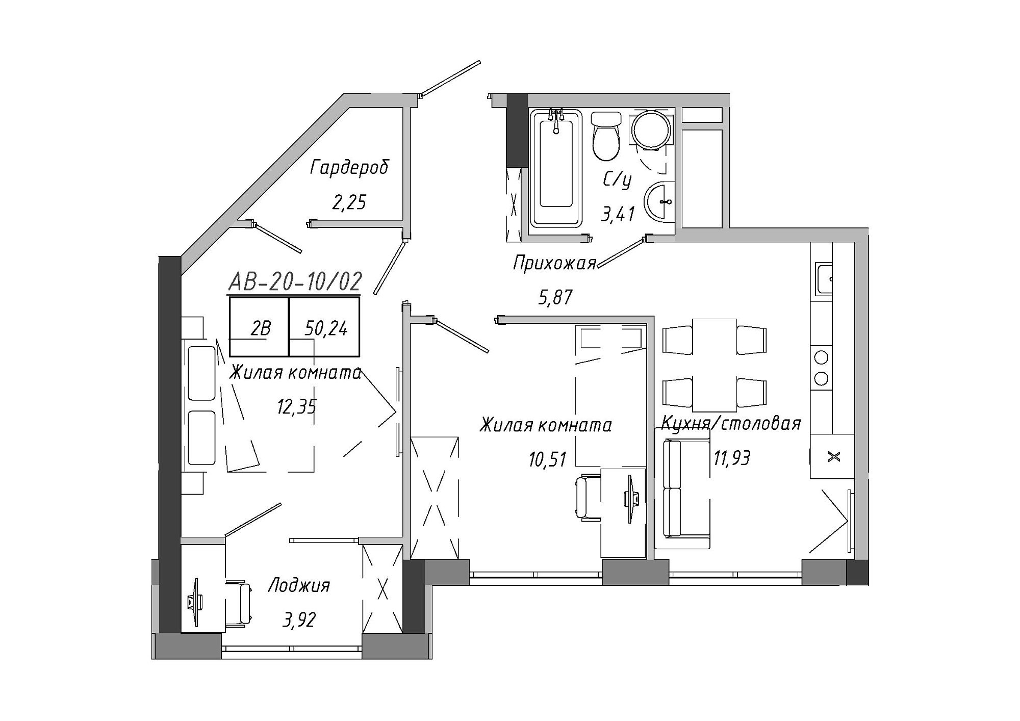 Планування 2-к квартира площею 50.33м2, AB-20-10/00002.