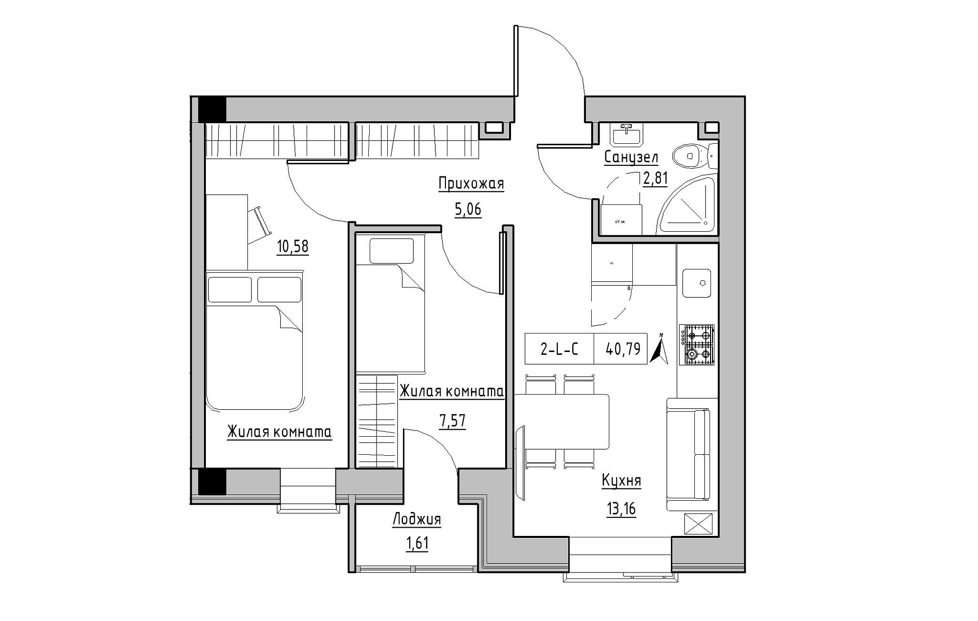 Планировка 2-к квартира площей 40.79м2, KS-019-01/0011.