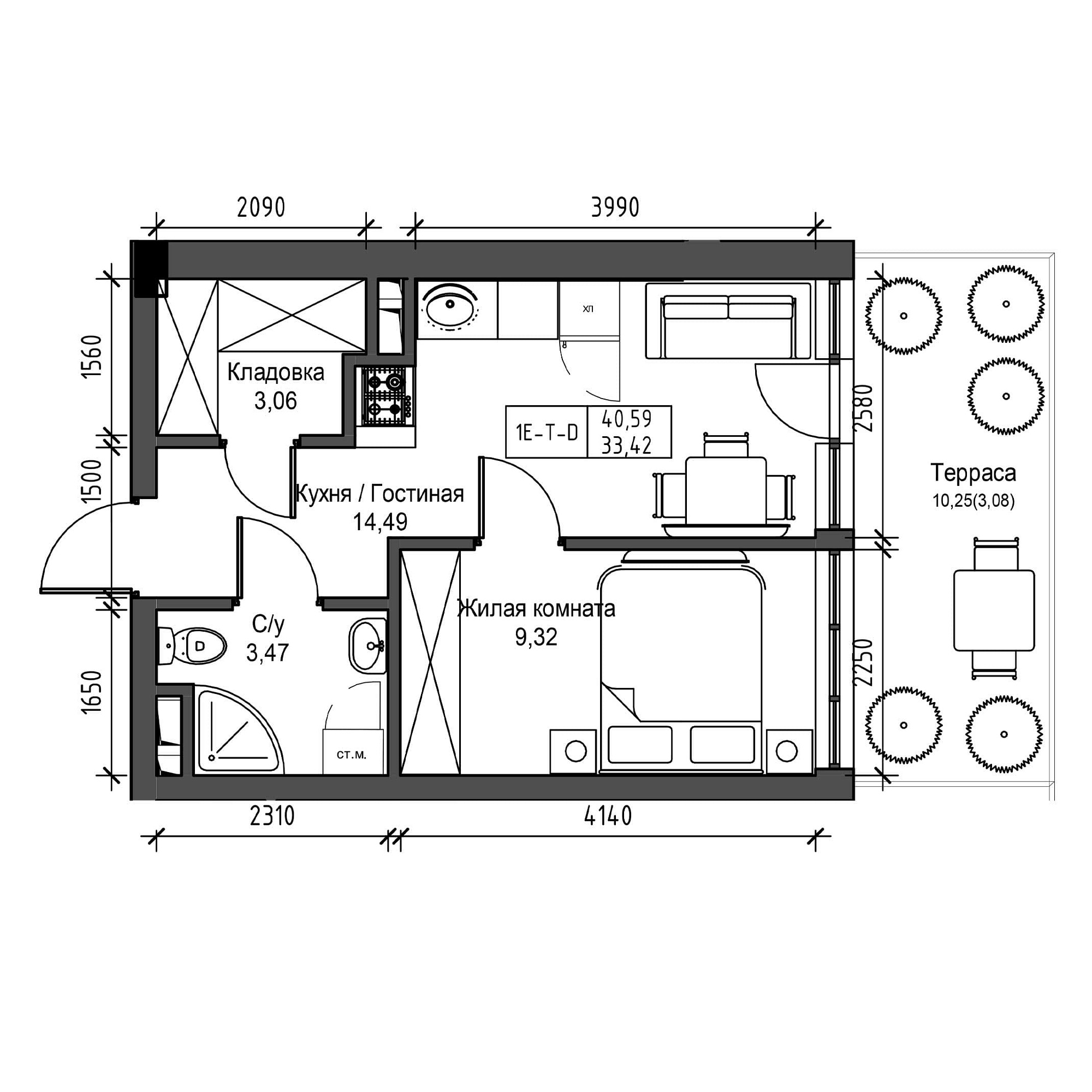 Планування 1-к квартира площею 33.42м2, UM-001-03/0001.