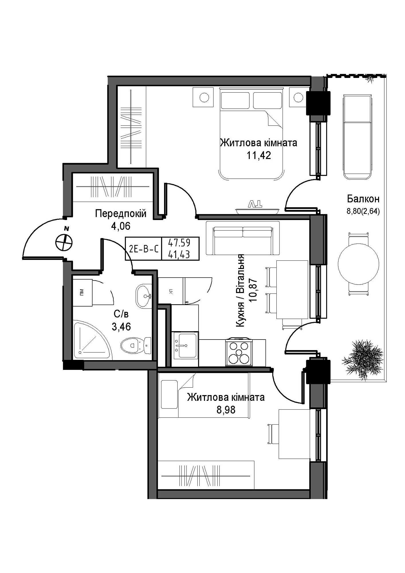 Planning 2-rm flats area 41.43m2, UM-007-10/0007.