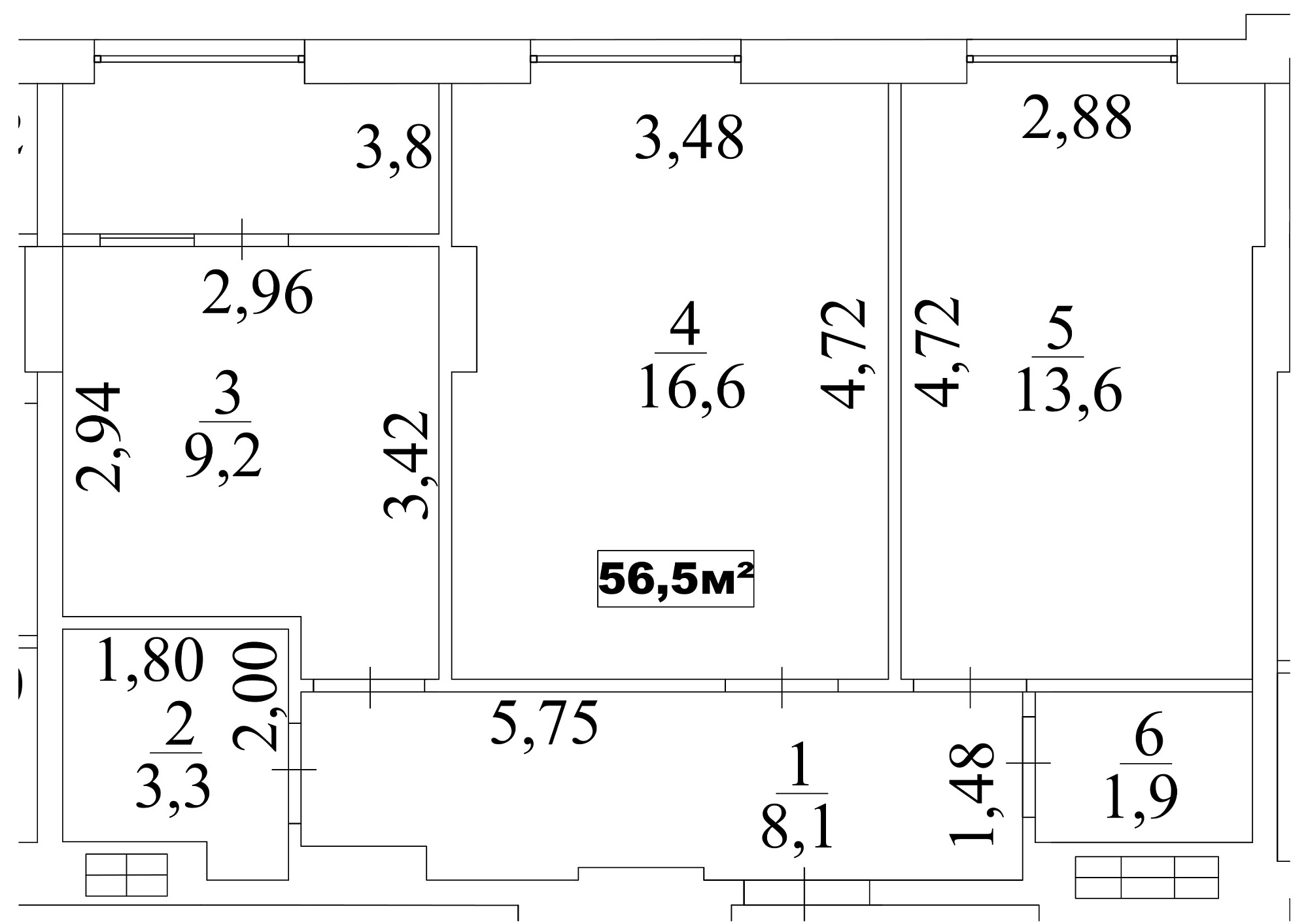 Планування 2-к квартира площею 56.5м2, AB-10-01/00004.