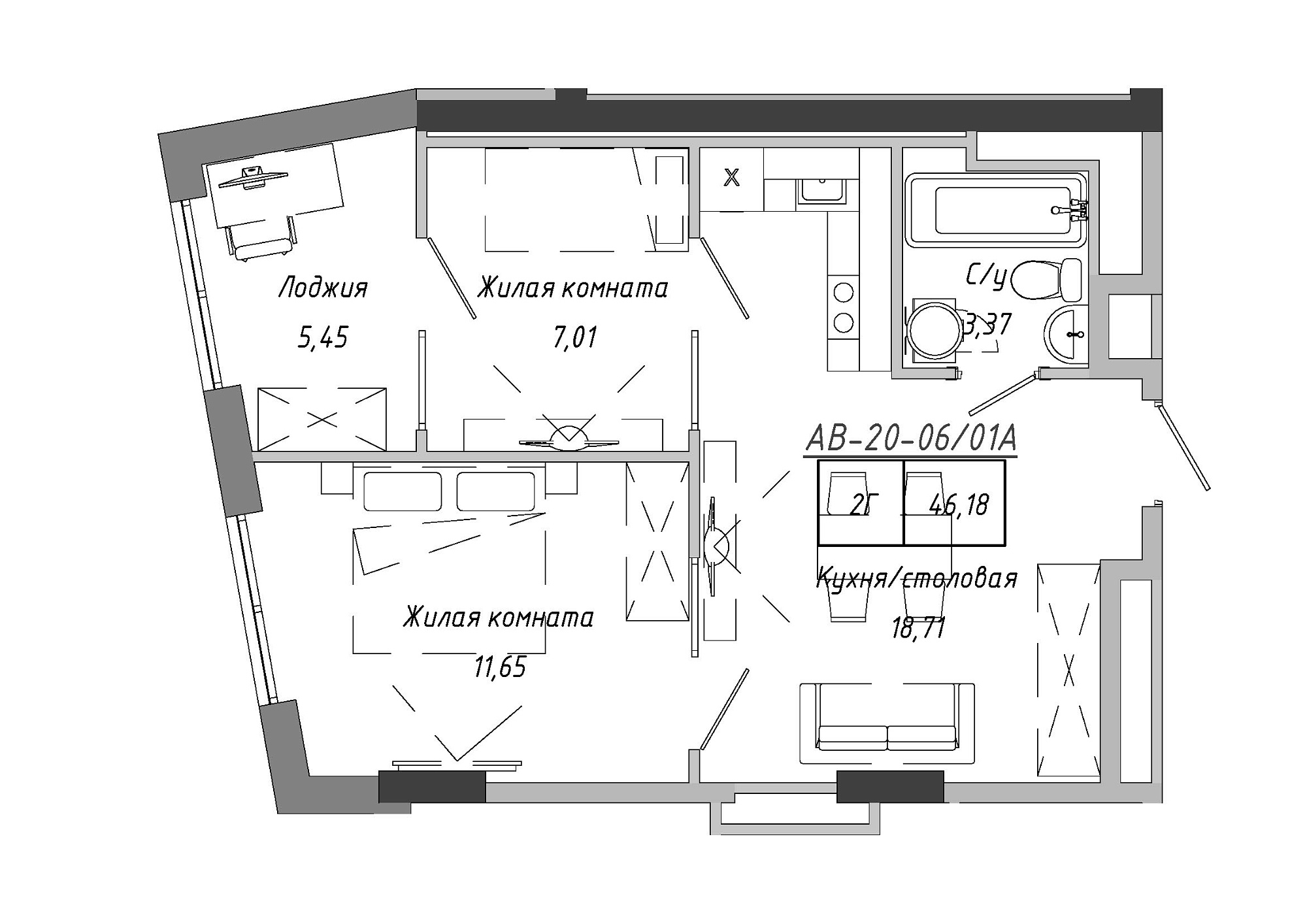 Планування 2-к квартира площею 45.99м2, AB-20-06/0001а.