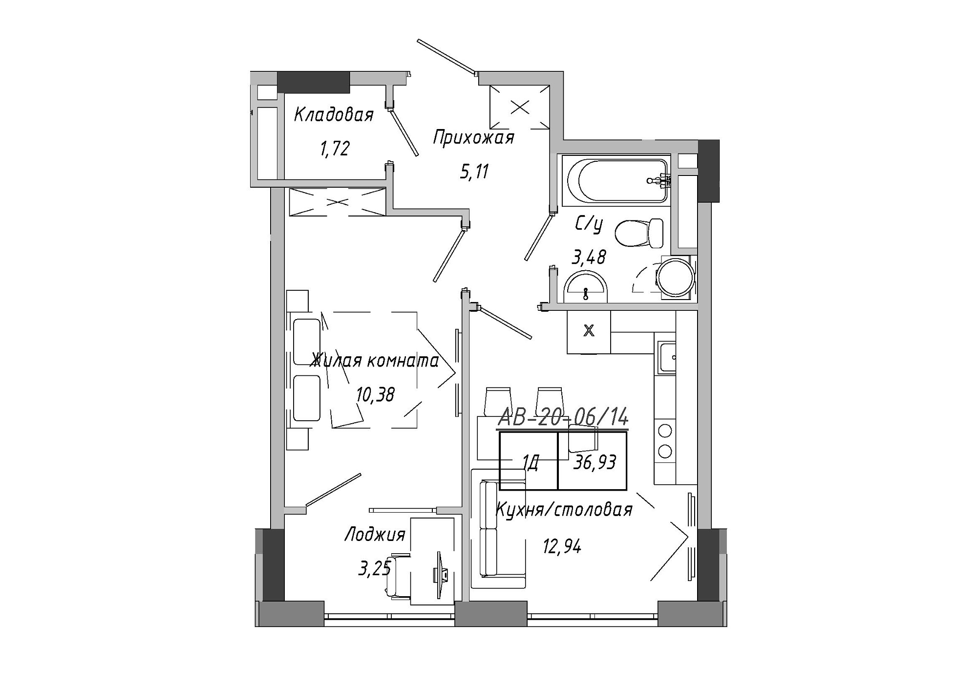 Планировка 1-к квартира площей 36.96м2, AB-20-06/00014.