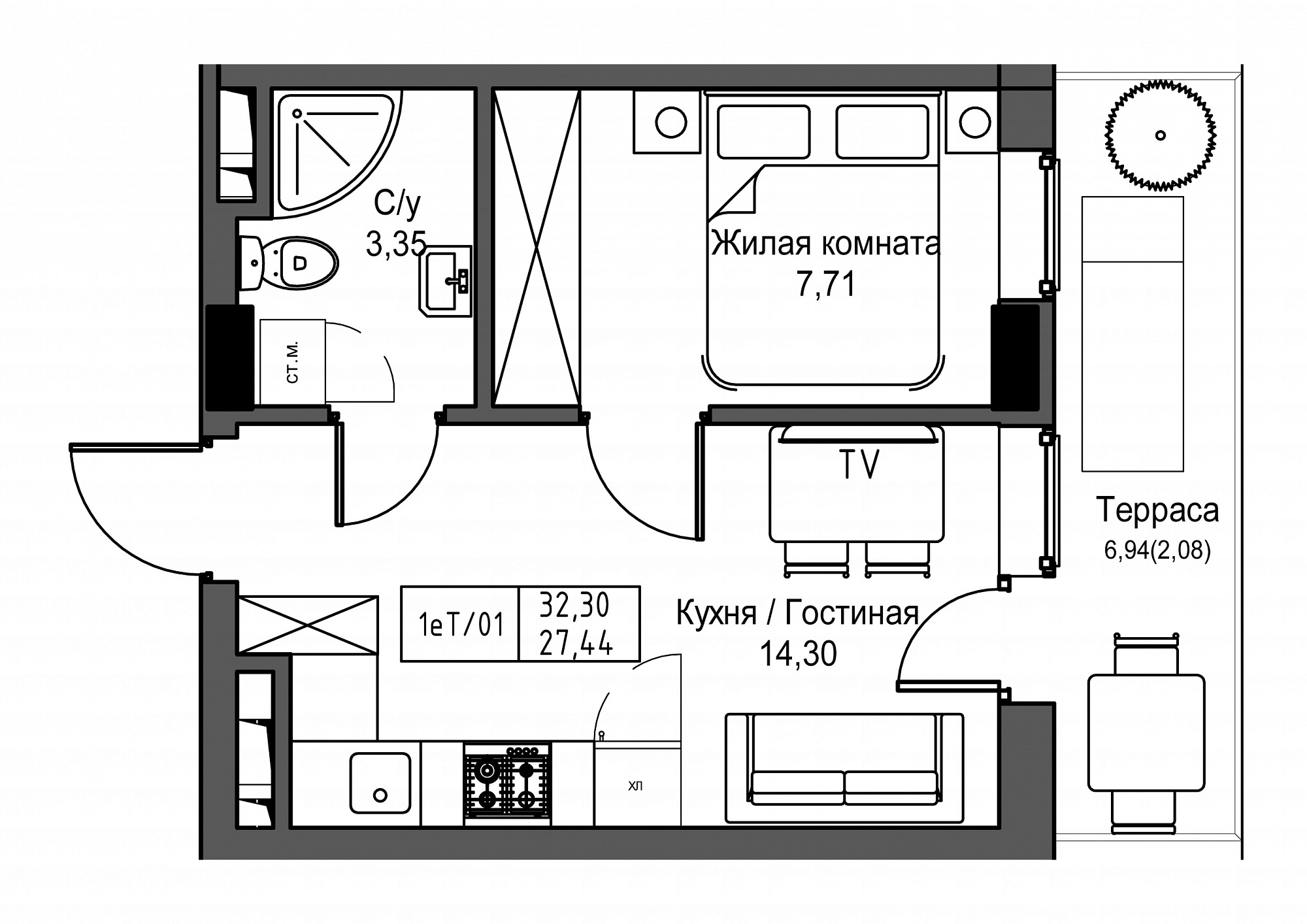 Планування 1-к квартира площею 27.44м2, UM-003-02/0002.