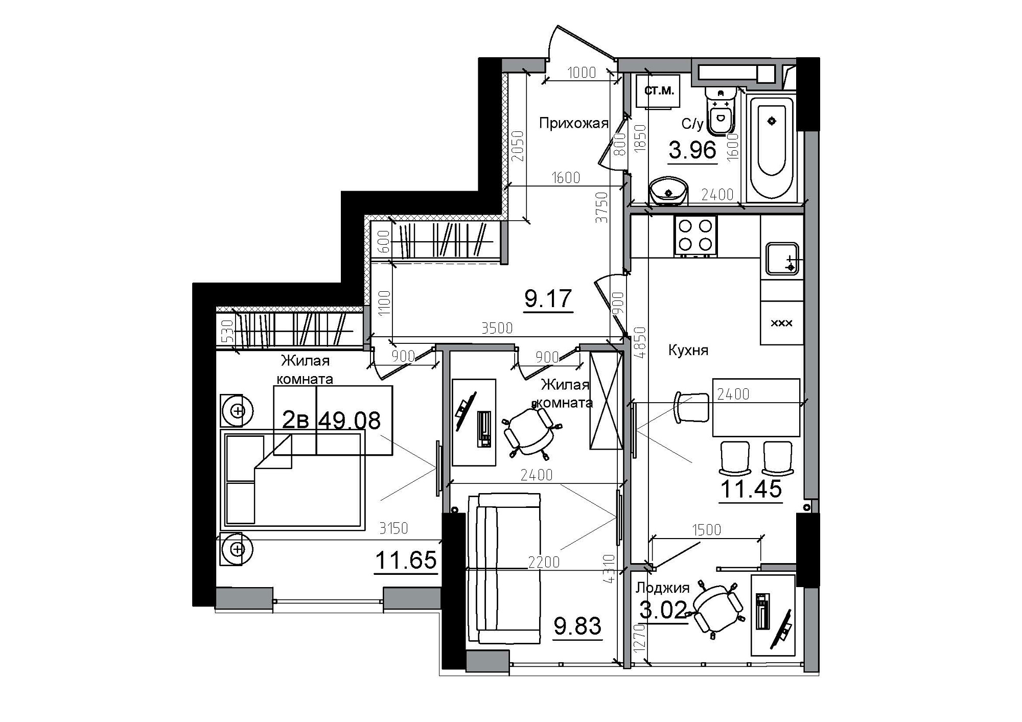 Планування 2-к квартира площею 49.08м2, AB-12-10/00015.