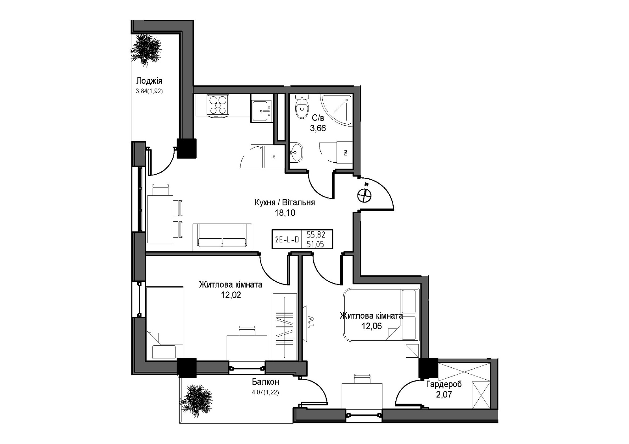 Планування 2-к квартира площею 51.05м2, UM-007-09/0011.