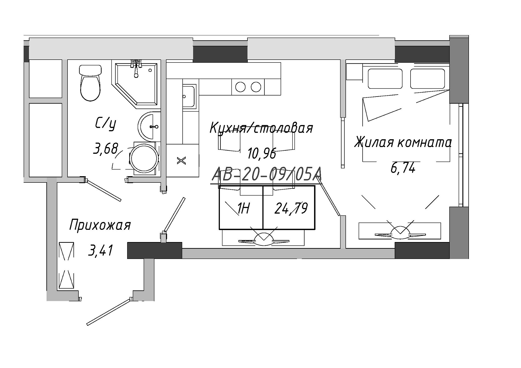 Планировка 1-к квартира площей 24.41м2, AB-20-09/0005а.