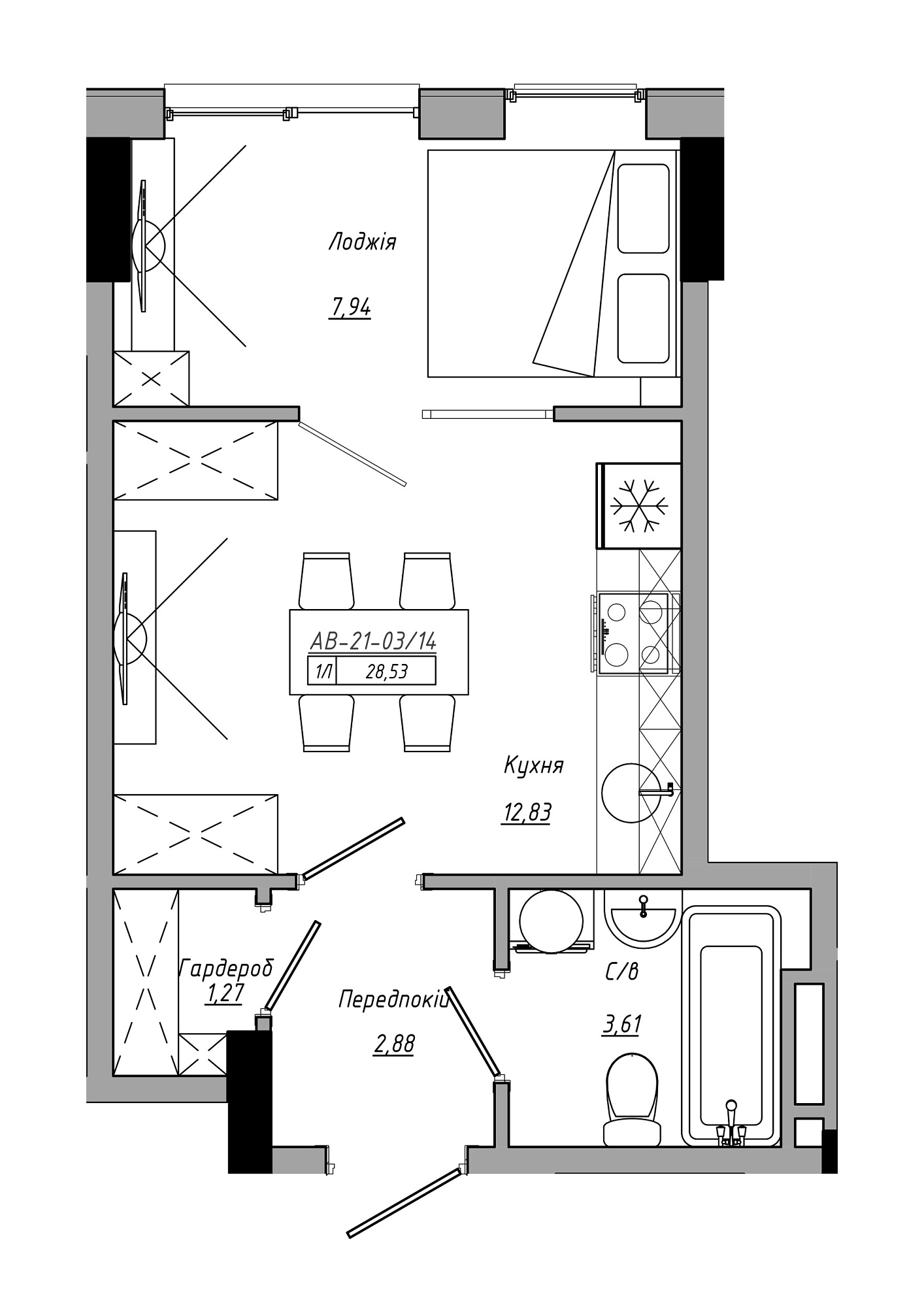 Планування 1-к квартира площею 28.53м2, AB-21-03/00014.
