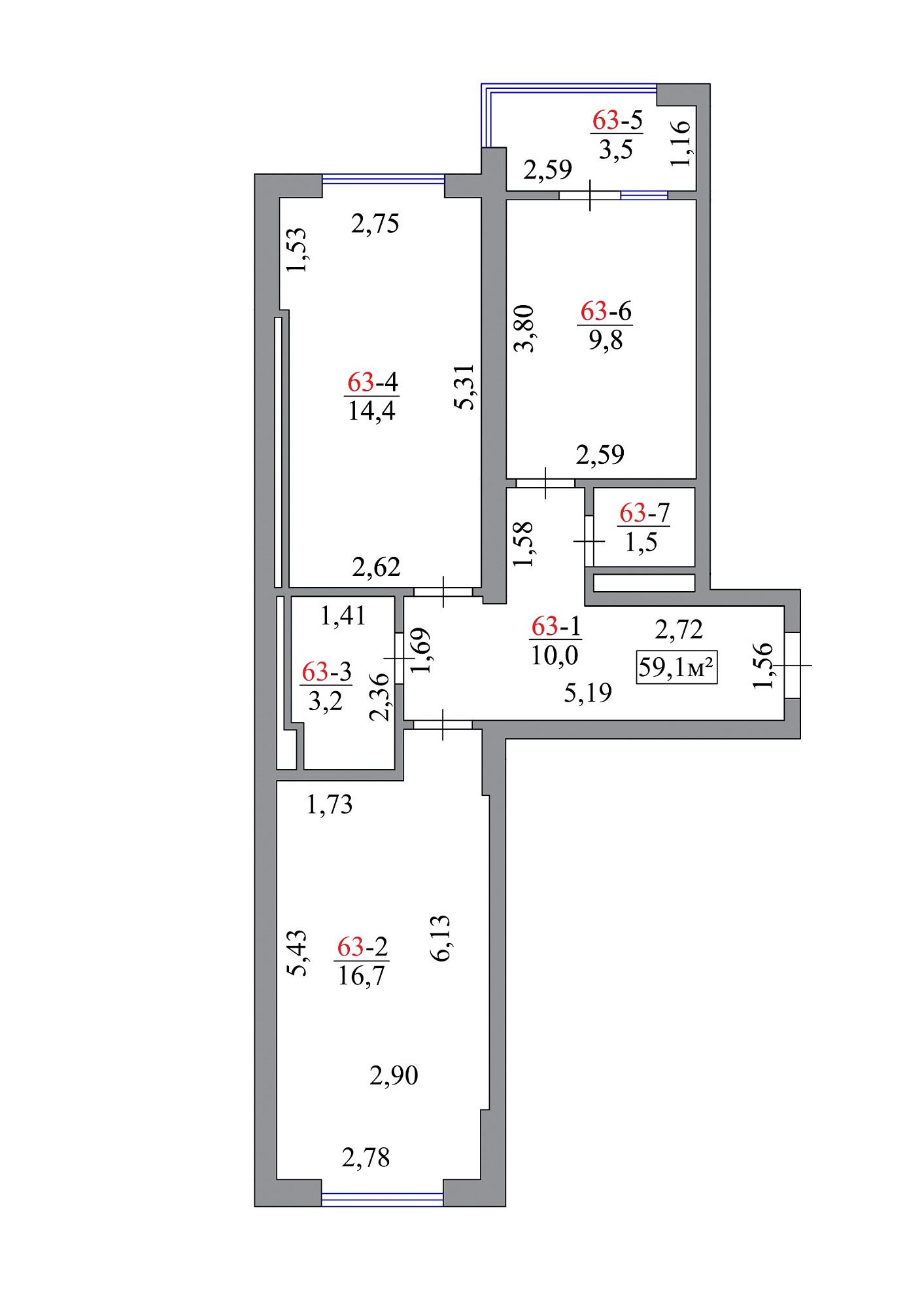 Планировка 2-к квартира площей 59.1м2, AB-07-07/00057.