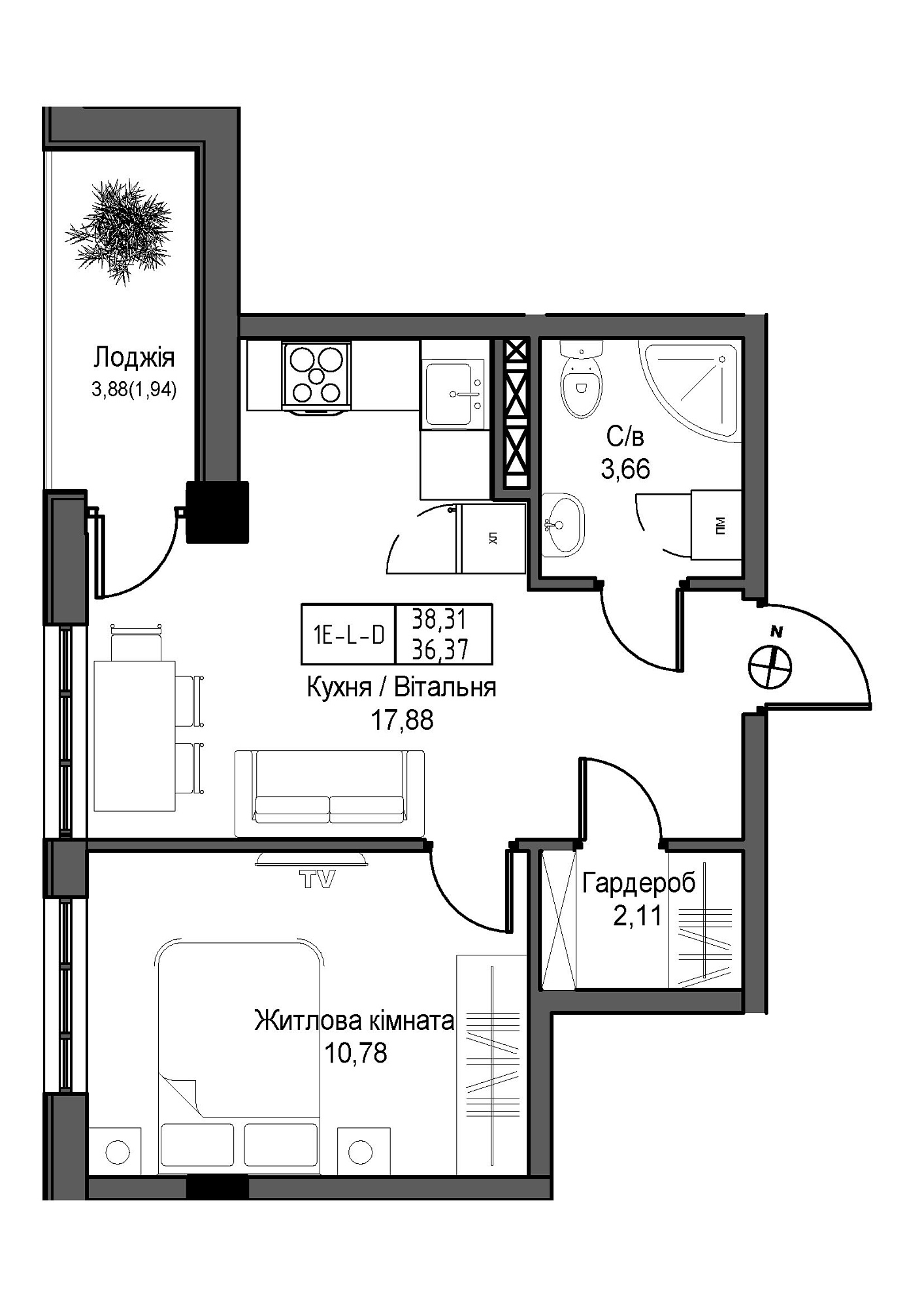 Планування 1-к квартира площею 36.37м2, UM-007-05/0011.