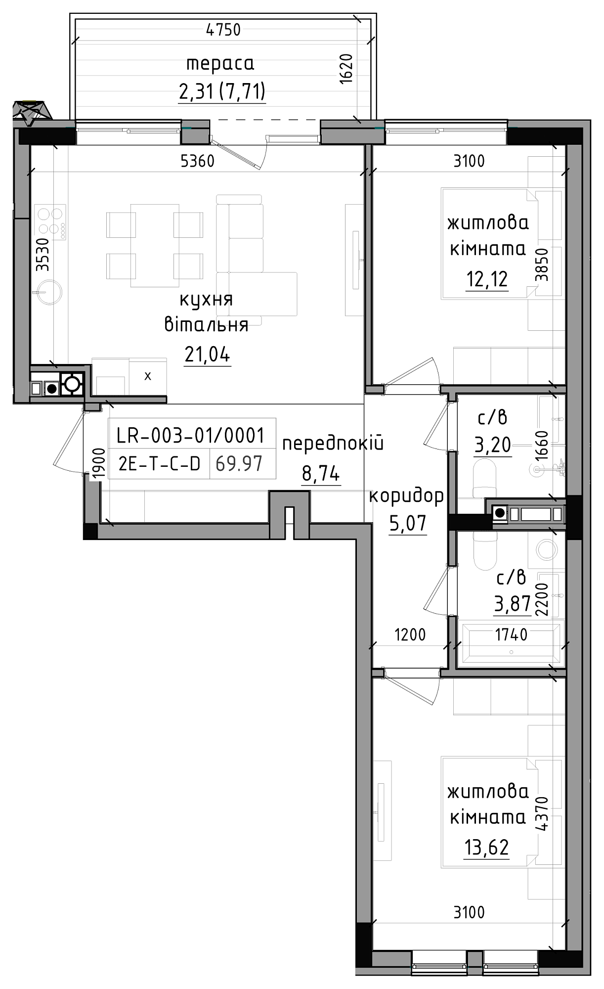 Планировка 2-к квартира площей 69.97м2, LR-003-01/0001.