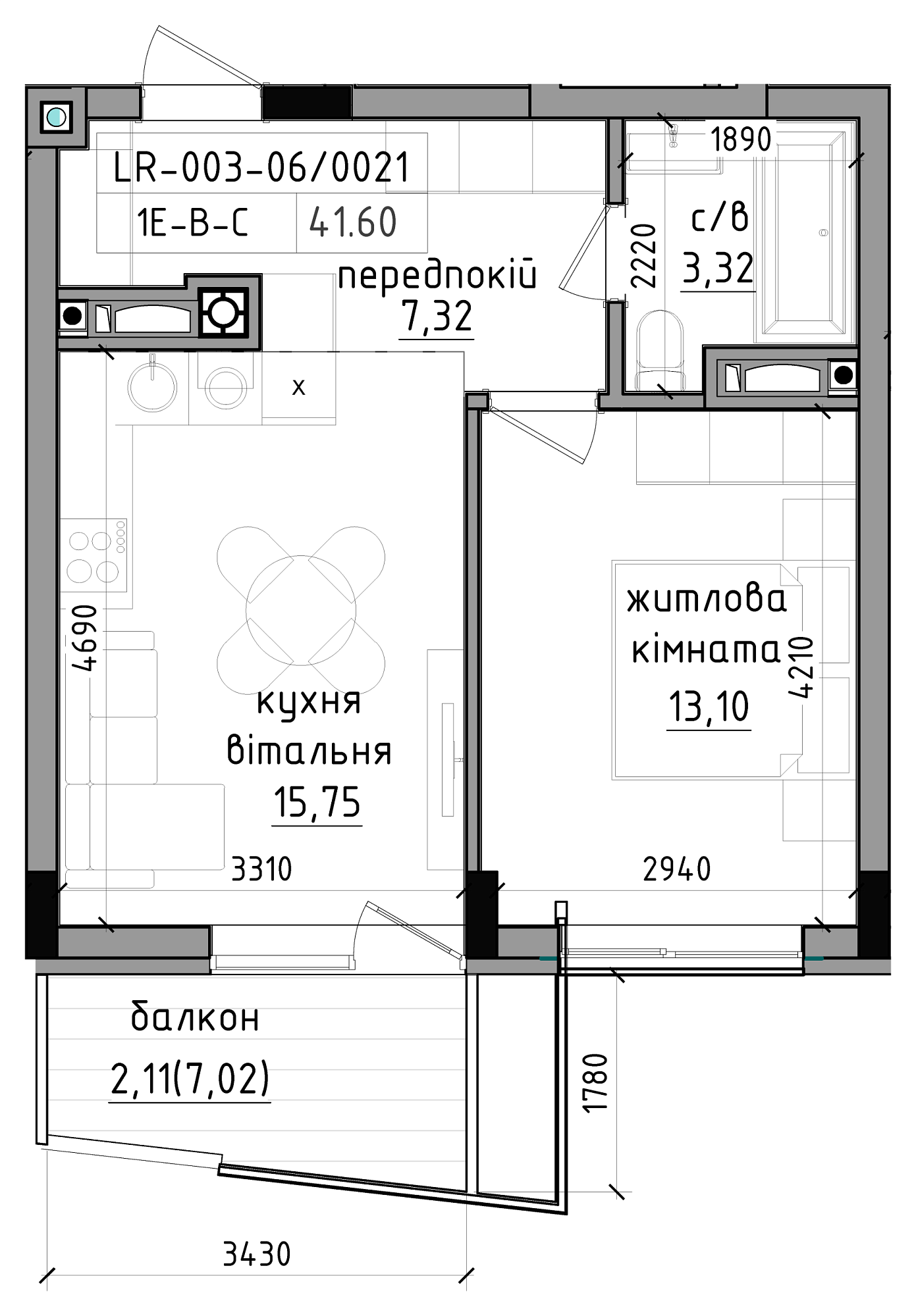 Планування 1-к квартира площею 41.6м2, LR-003-06/0021.