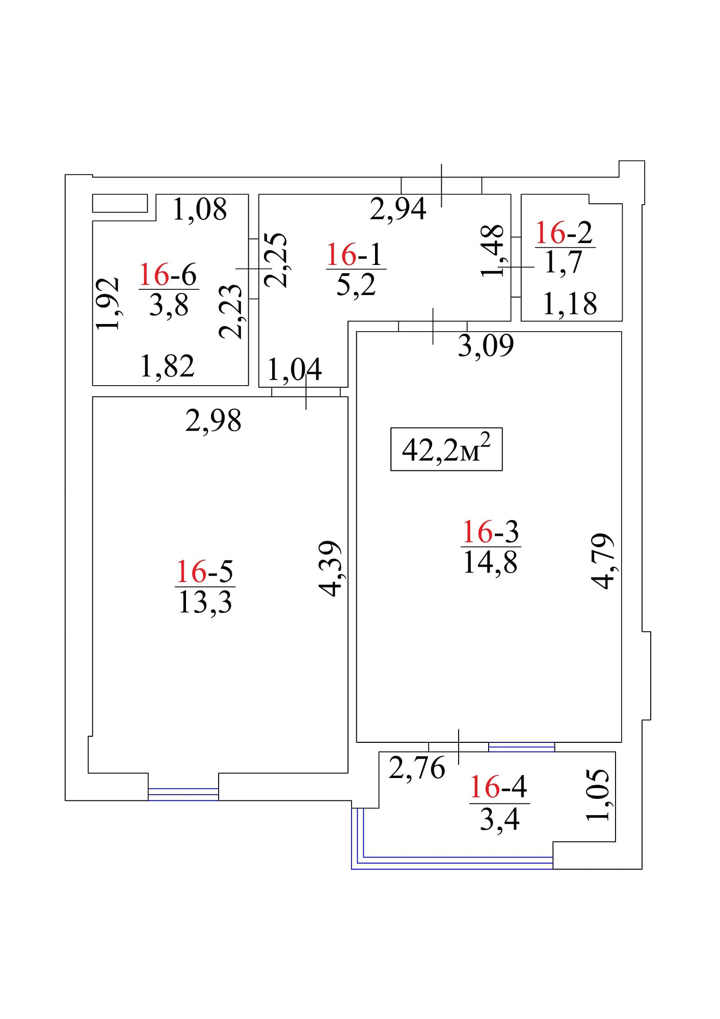 Планировка 1-к квартира площей 42.2м2, AB-01-02/00017.