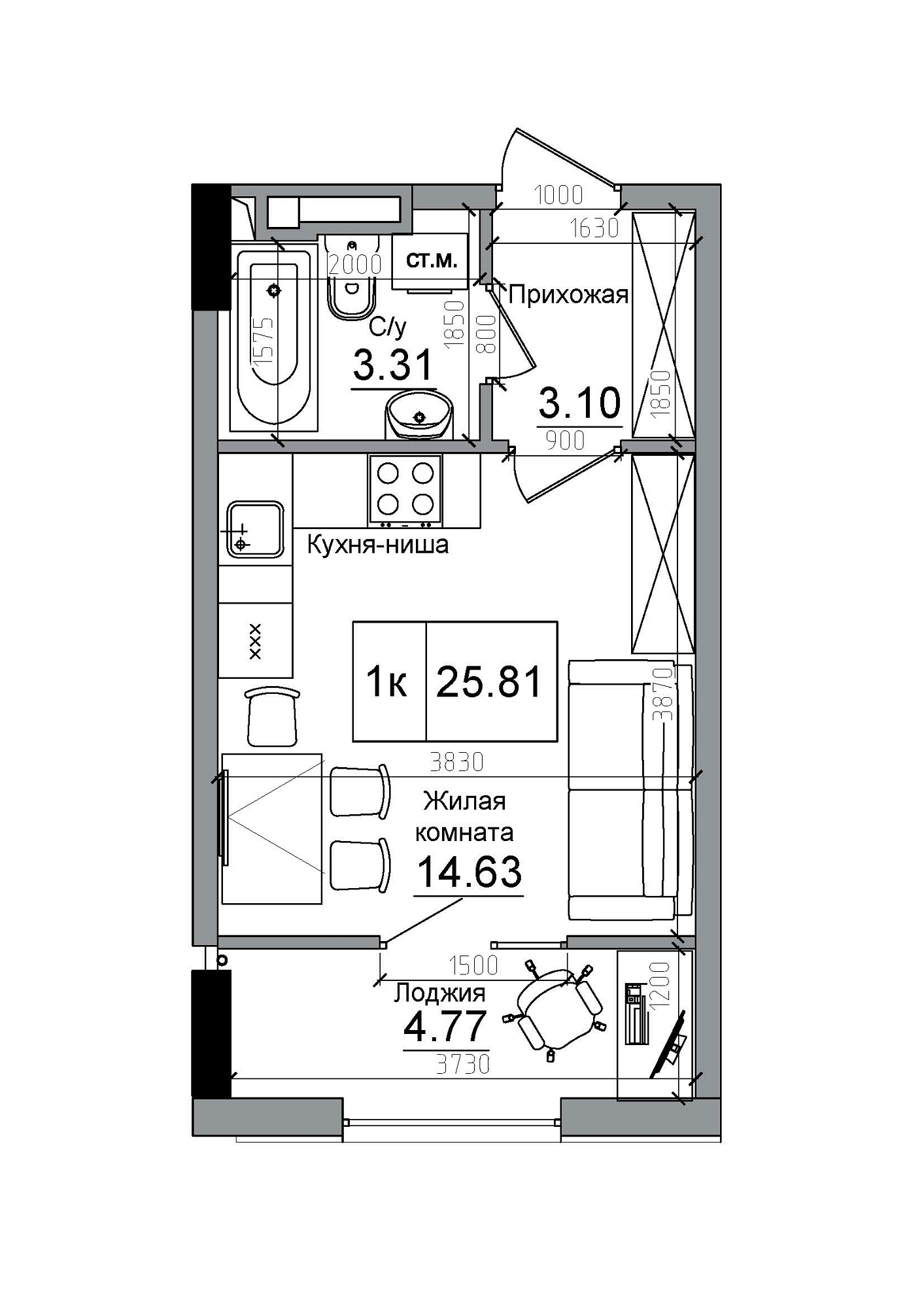 Планировка Smart-квартира площей 25.81м2, AB-12-08/00013.