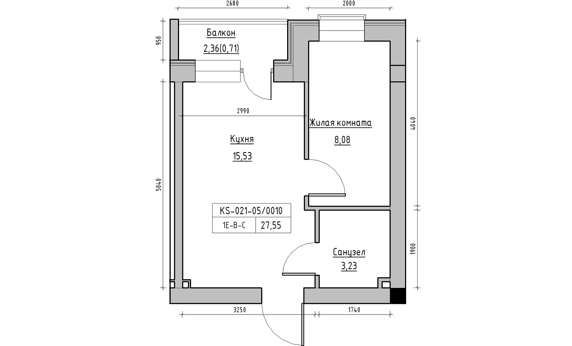 Планування 1-к квартира площею 27.55м2, KS-021-05/0010.