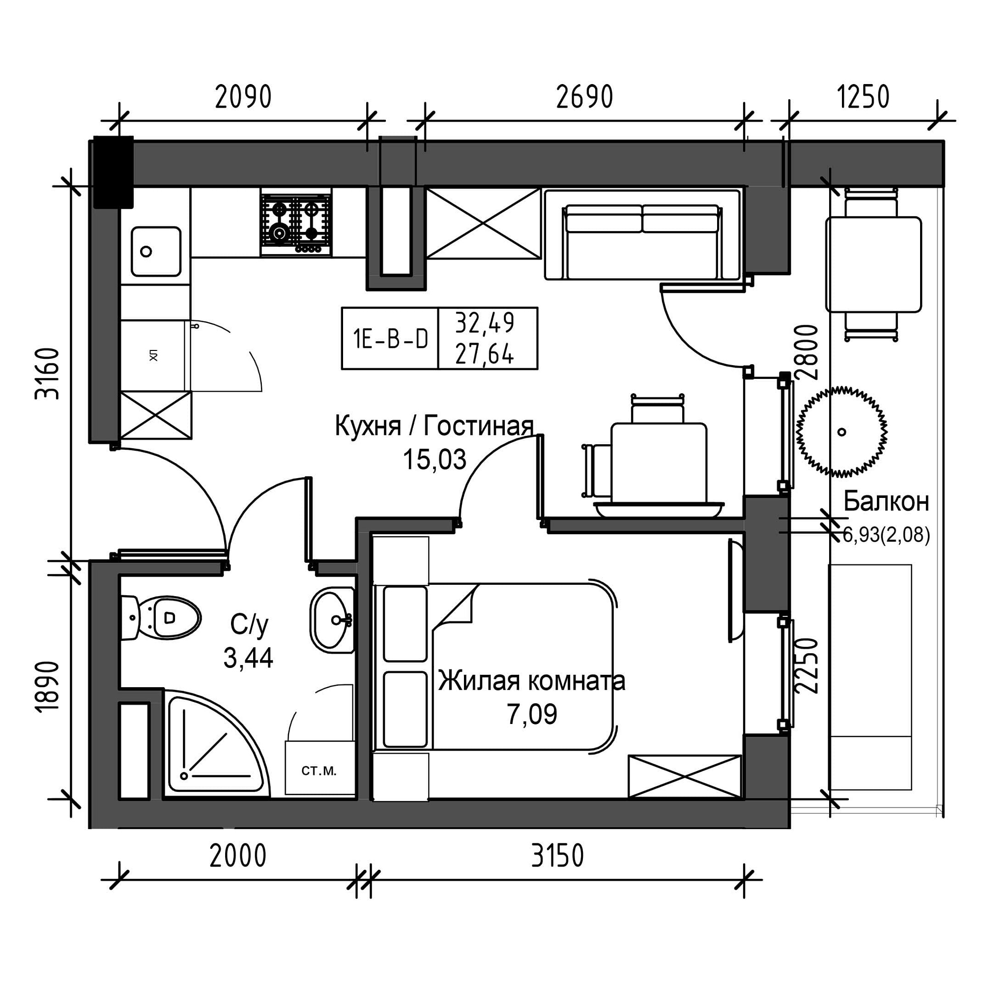Планировка 1-к квартира площей 27.64м2, UM-001-05/0001.
