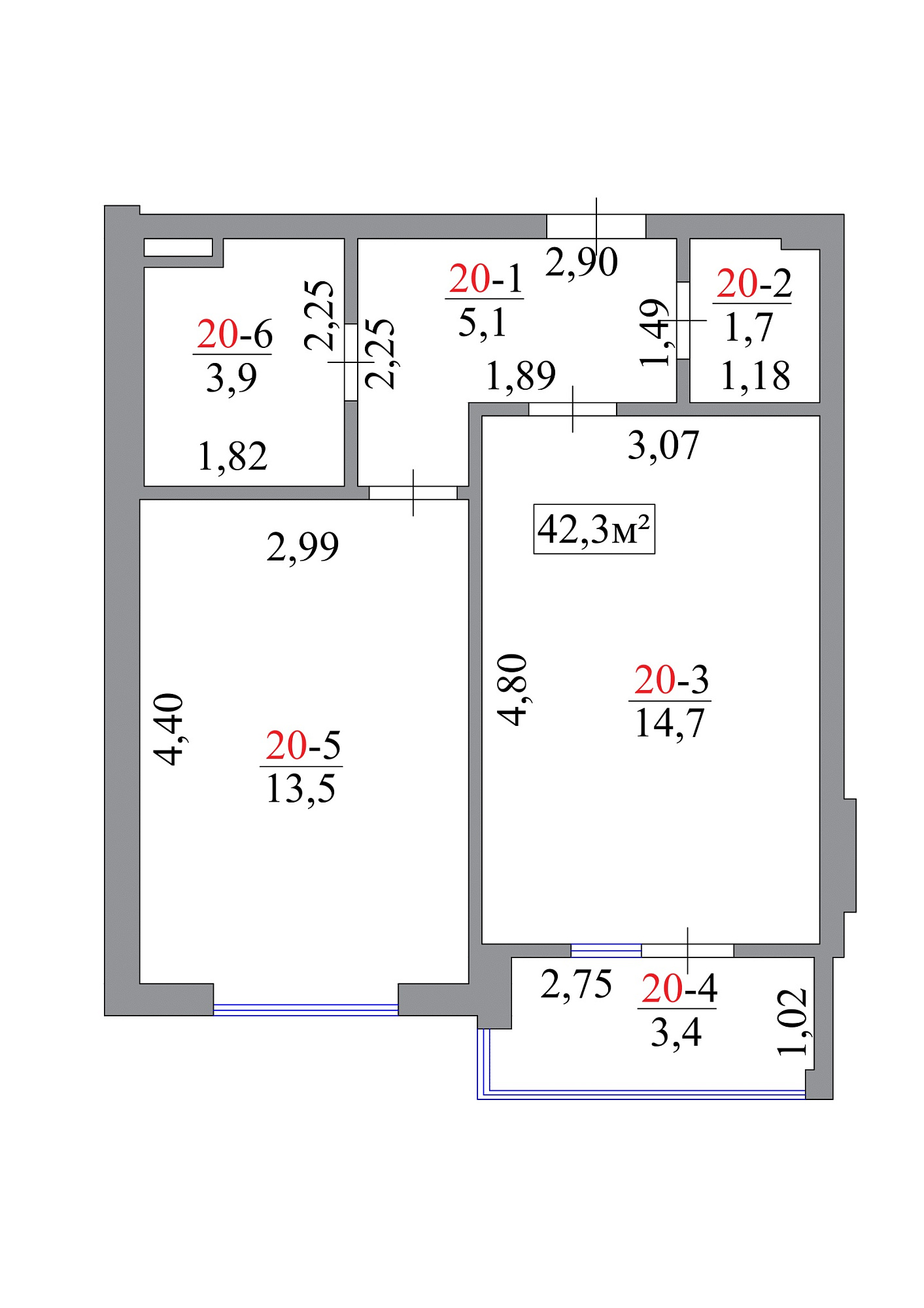 Планировка 1-к квартира площей 42.3м2, AB-07-02/00018.