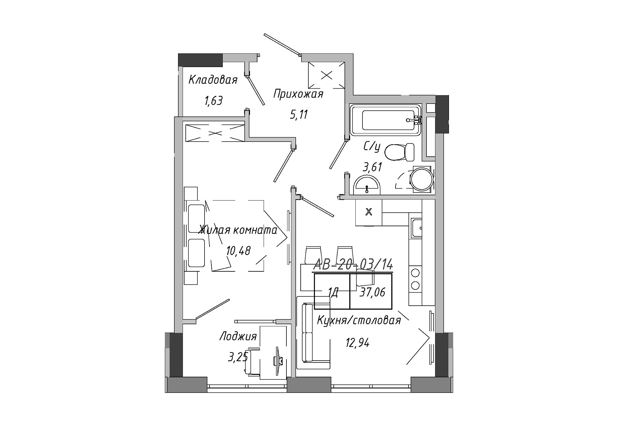 Планировка 1-к квартира площей 37.06м2, AB-20-03/00014.