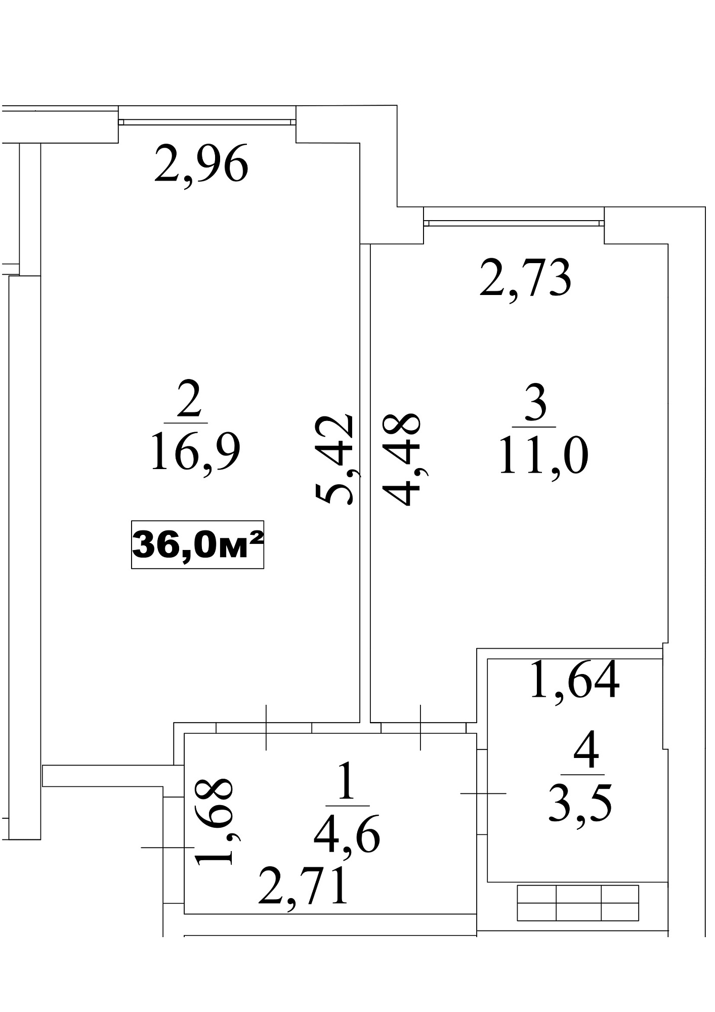 Планировка 1-к квартира площей 36м2, AB-10-07/0061б.