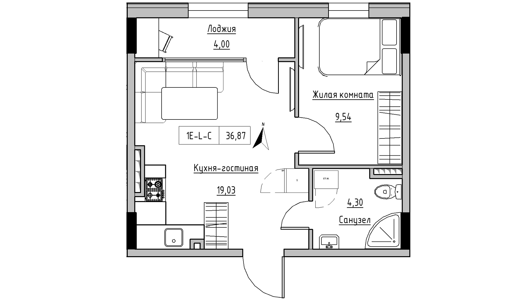 Планування 1-к квартира площею 36.87м2, KS-025-04/0008.