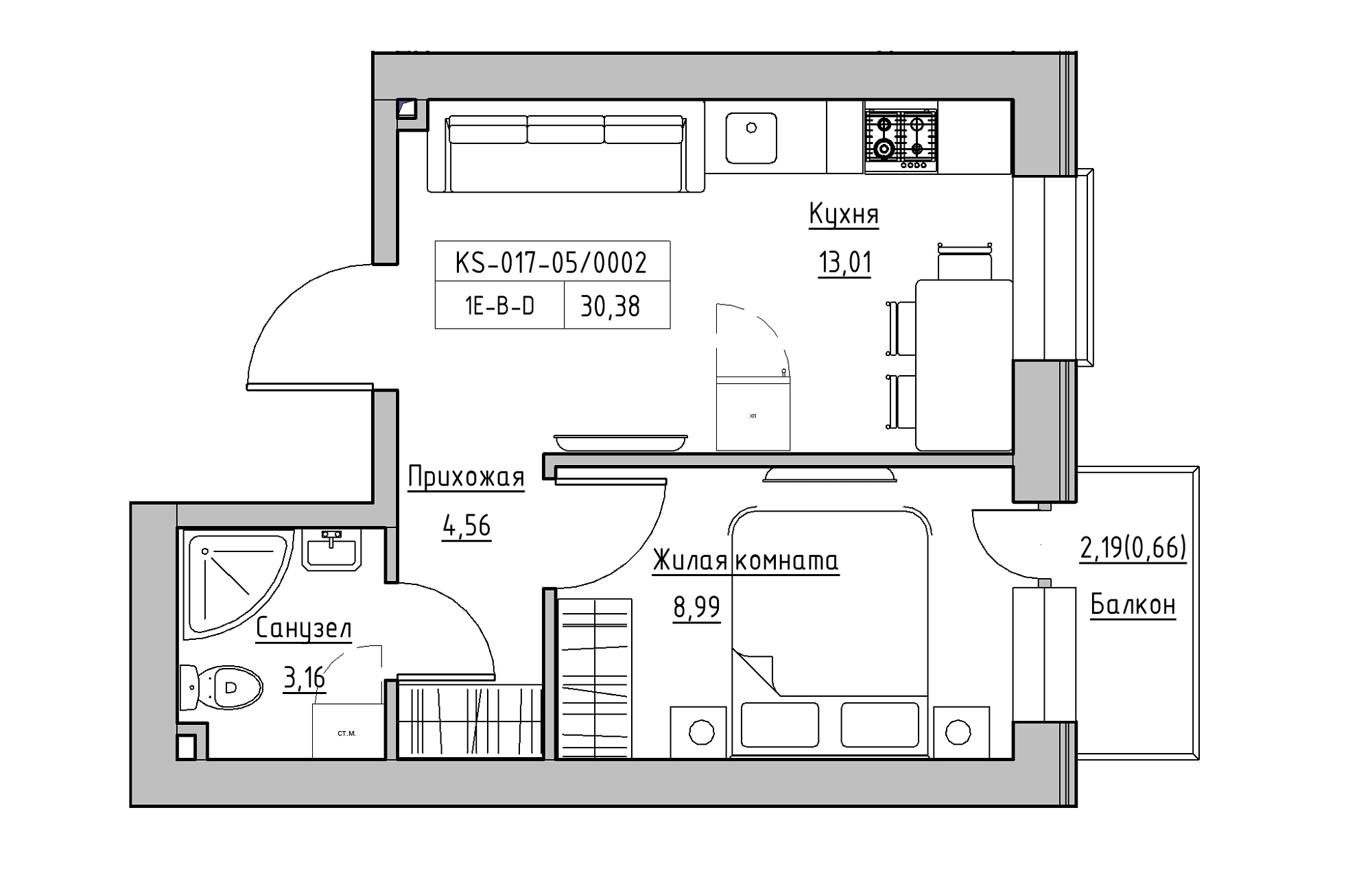 Планировка 1-к квартира площей 30.38м2, KS-017-05/0002.