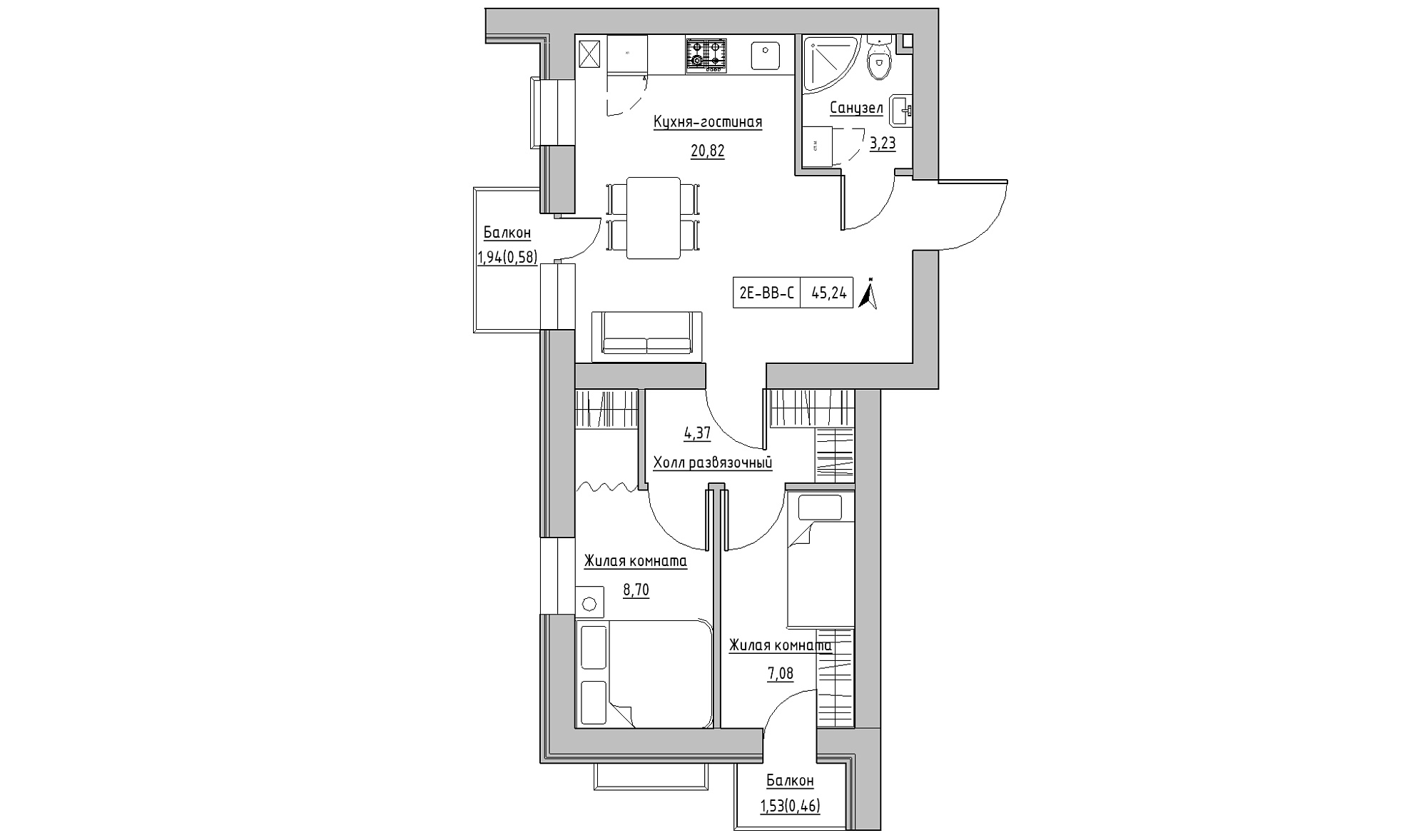Планировка 2-к квартира площей 45.24м2, KS-016-05/0011.