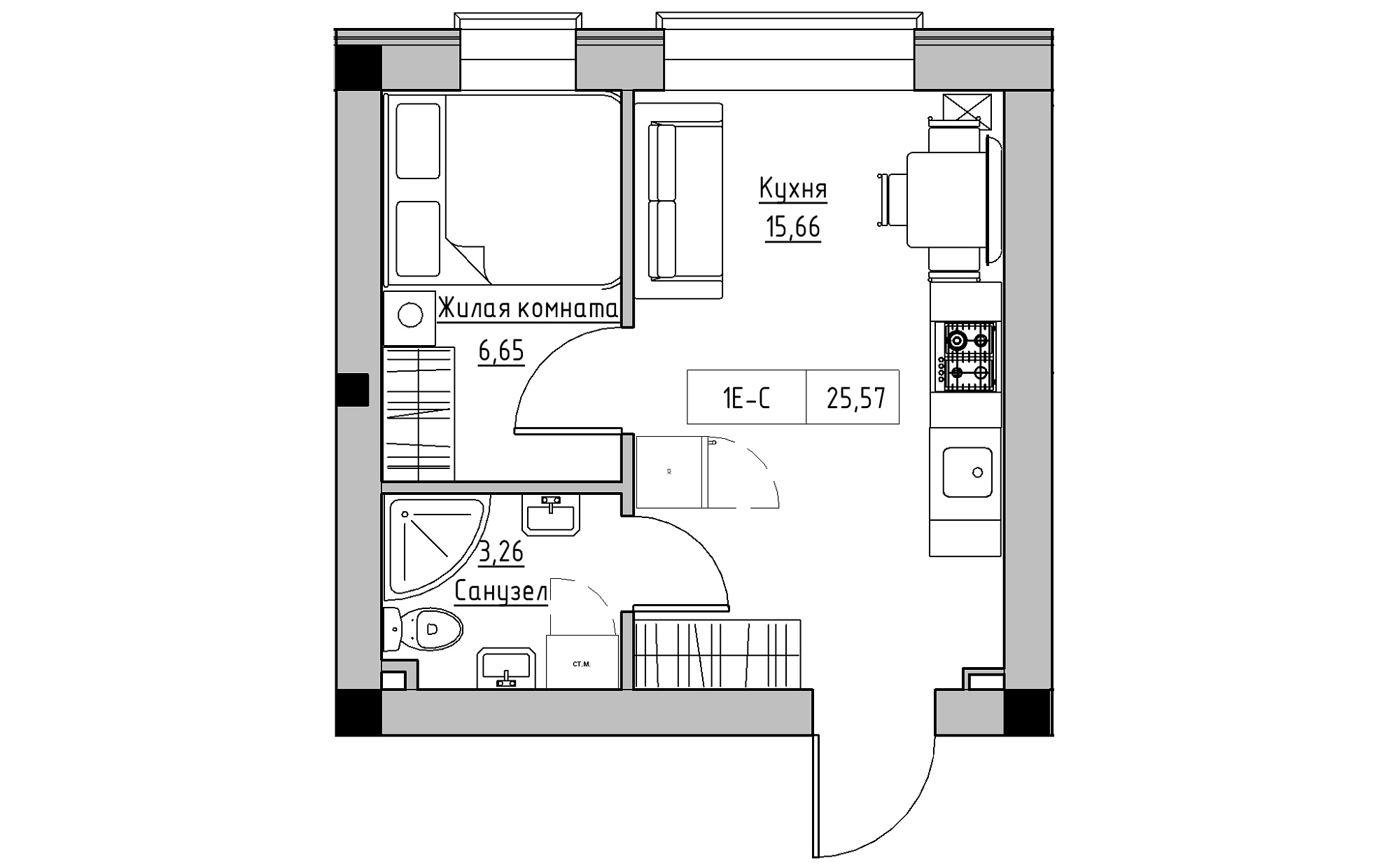 Планировка 1-к квартира площей 25.57м2, KS-022-05/0004.