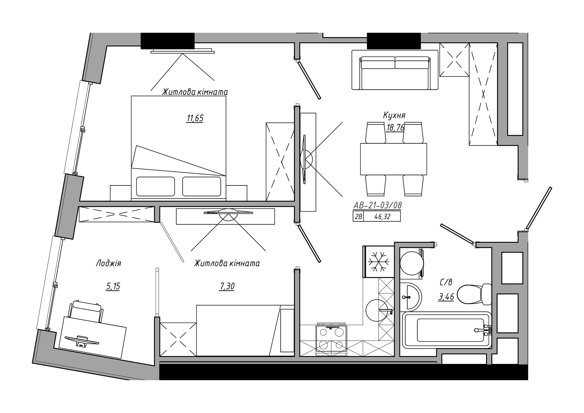 Планування 2-к квартира площею 46.32м2, AB-21-03/00008.