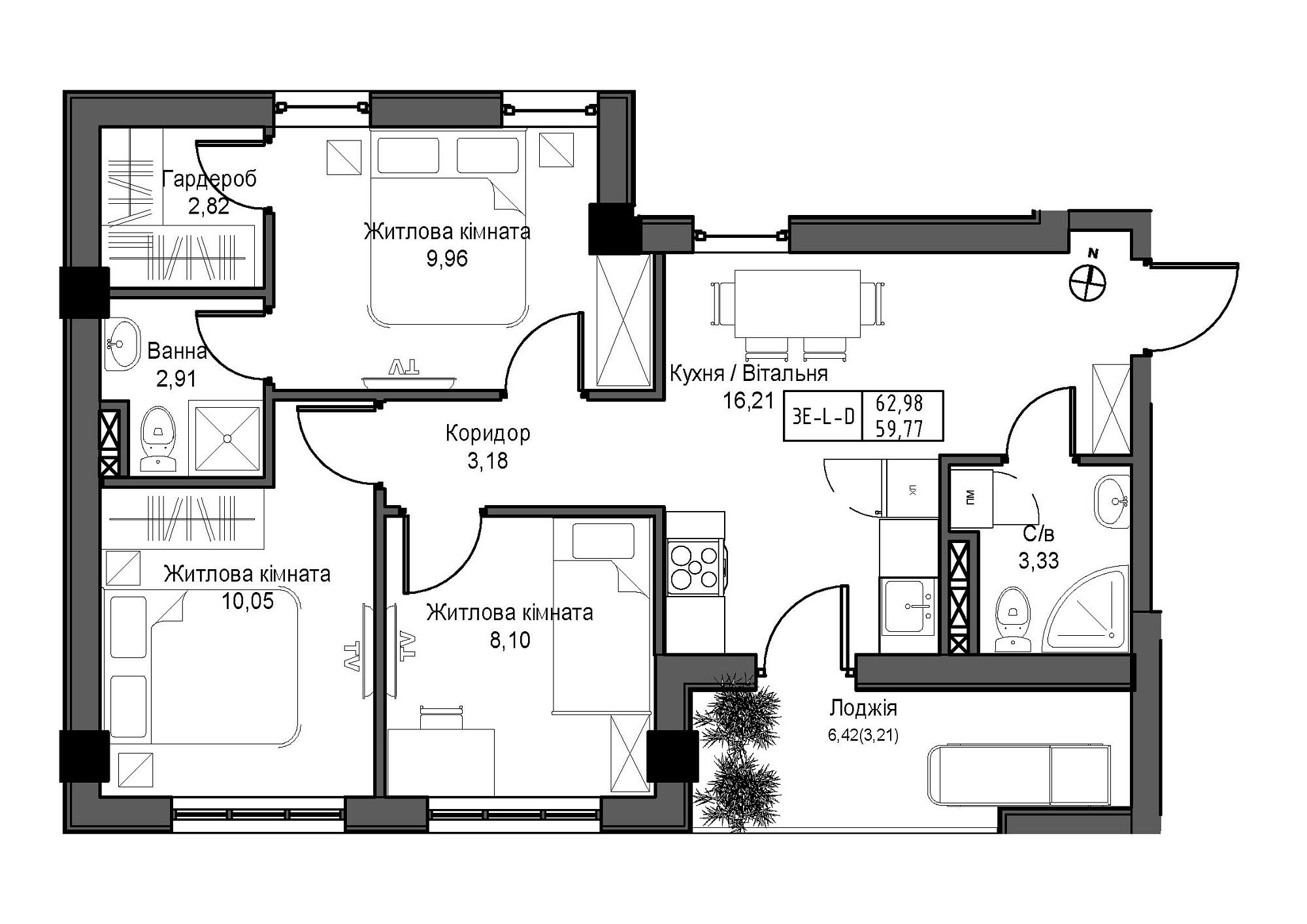 Планування 3-к квартира площею 59.77м2, UM-007-05/0012.